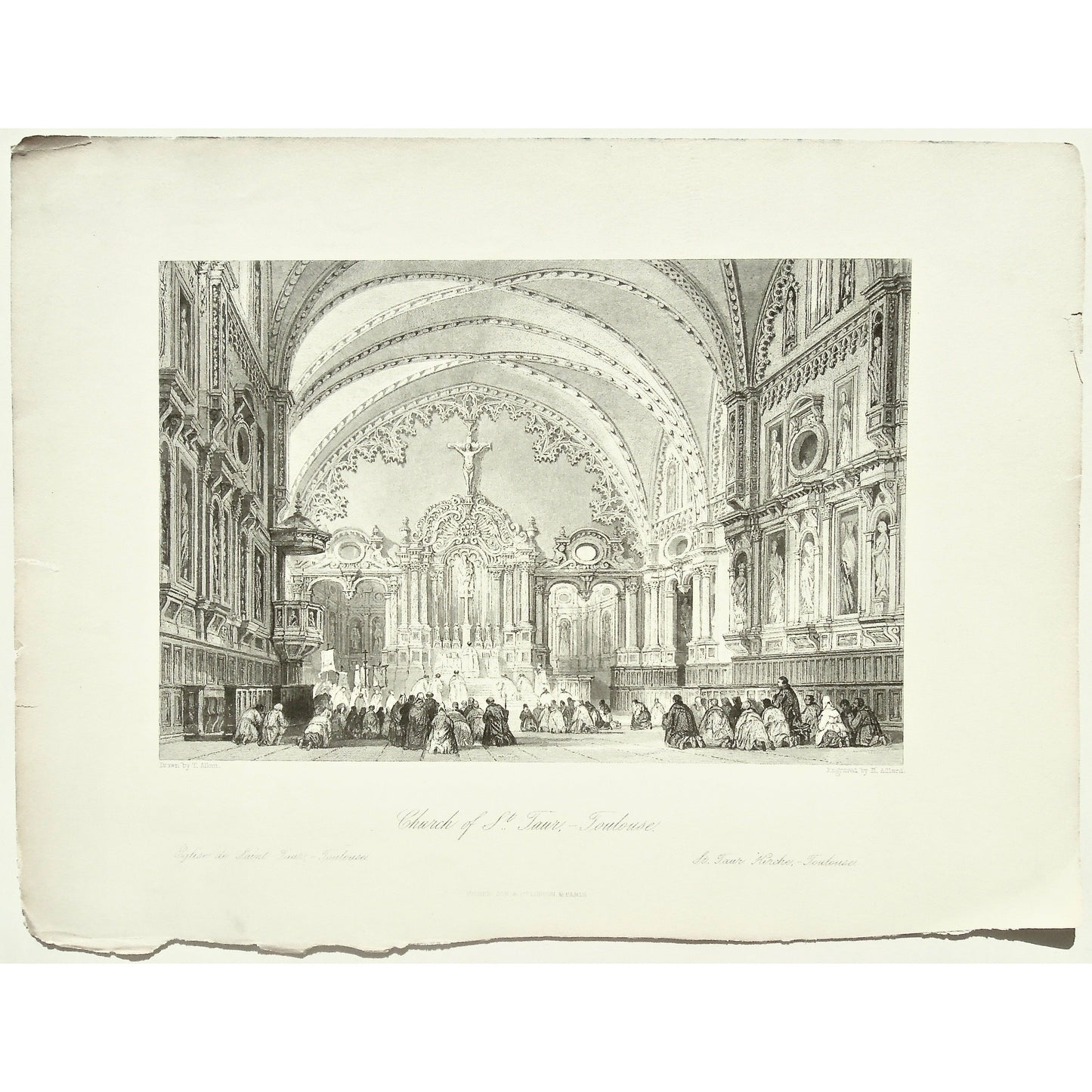 France, France Illustrated, Church of St. Taur, Toulouse, Eglise de St. Taur, Eglise, St. Taur, Church, Kirche, St. Taur Kirche, Ribbed Vaulting, Bid Vaulting, Prayer, Praying, Pray, Worship, Worshipers, Worshipping, Altar, Pulpit, Cross, Decorative ceiling, Kneeling in prayer, Nave, niches, Statues, Tracery, Architecture, Architectural Features, Notre-Dame de Taur, Taur, France, France Illustrated, France Illustrated, Exhibiting its Landscape Scenery, Antiquities, Military and Ecclesiastical Architecture,