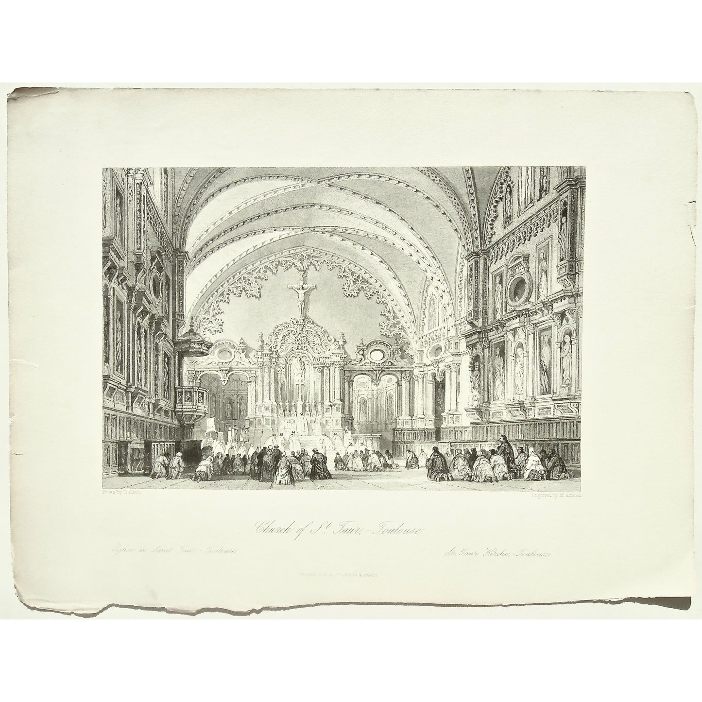 France, France Illustrated, Church of St. Taur, Toulouse, Eglise de St. Taur, Eglise, St. Taur, Church, Kirche, St. Taur Kirche, Ribbed Vaulting, Bid Vaulting, Prayer, Praying, Pray, Worship, Worshipers, Worshipping, Altar, Pulpit, Cross, Decorative ceiling, Kneeling in prayer, Nave, niches, Statues, Tracery, Architecture, Architectural Features, Notre-Dame de Taur, Taur, France, France Illustrated, France Illustrated, Exhibiting its Landscape Scenery, Antiquities, Military and Ecclesiastical Architecture, 