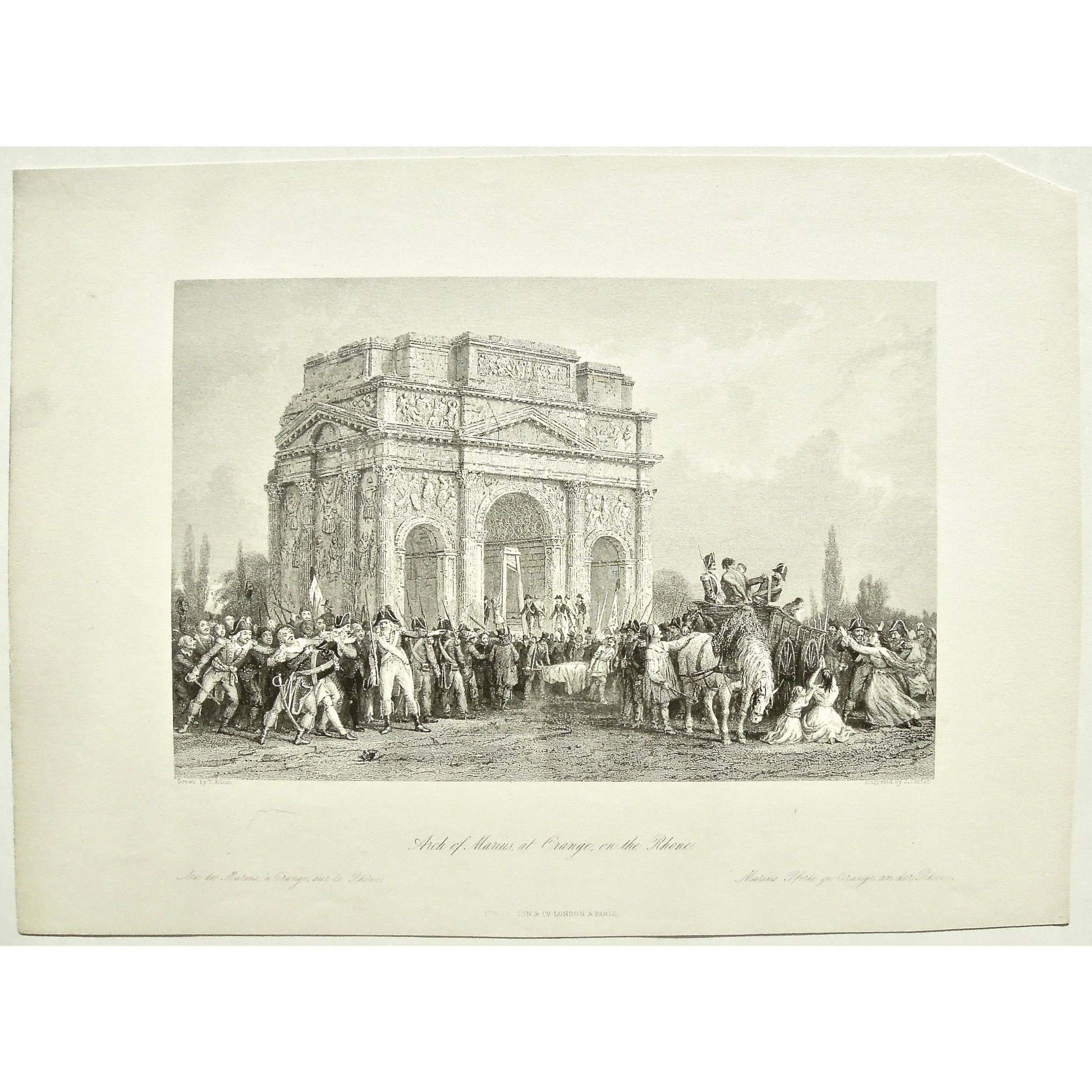 France, France Illustrated, Arch, Arch of Marius, Arch of Marius on the Rhone, Rhone, Marius, Arc, Arc de Marius, Rhône, Marius Psorte, Bogen, Arches, Public Execution, Execution, Executions, Public Hanging, Hangings, Guillotine, Guillotines, French, French Revolution, Crowds of people, soldiers, Horse and carriage, Prisoner, Prisoners, Stretcher, Pleading, Triumphal Arch of Orange, Corinthian, Corinthian Architecture, Revolution, Revolutionaries, French Soldiers, Army, Army attire, Antique Prints, Vintage
