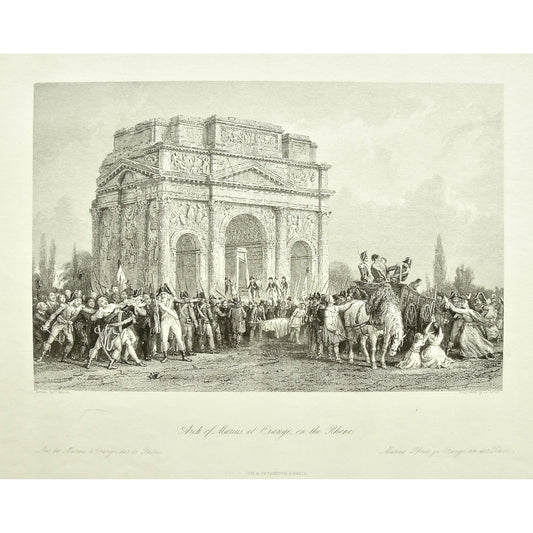 France, France Illustrated, Arch, Arch of Marius, Arch of Marius on the Rhone, Rhone, Marius, Arc, Arc de Marius, Rhône, Marius Psorte, Bogen, Arches, Public Execution, Execution, Executions, Public Hanging, Hangings, Guillotine, Guillotines, French, French Revolution, Crowds of people, soldiers, Horse and carriage, Prisoner, Prisoners, Stretcher, Pleading, Triumphal Arch of Orange, Corinthian, Corinthian Architecture, Revolution, Revolutionaries, French Soldiers, Army, Army attire, France, France Illustra