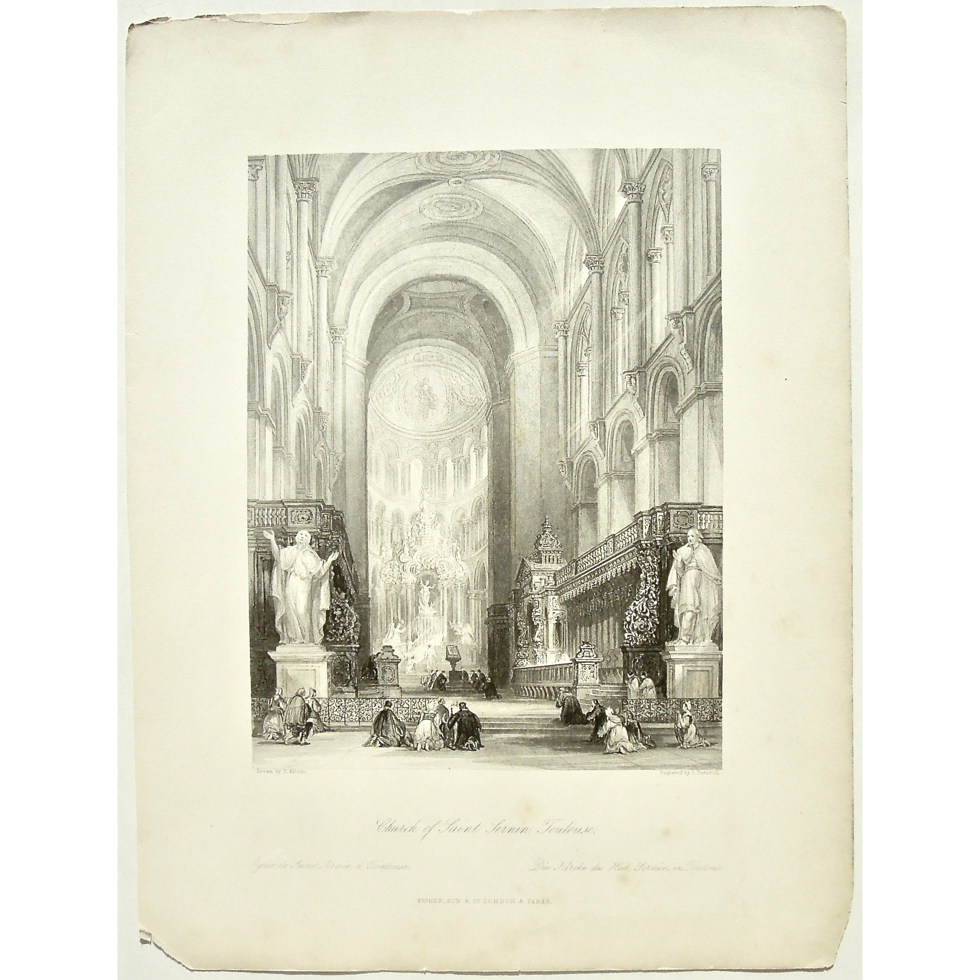 Church of St. Sernin, Church, St. Sernin, Toulouse, Eglise, Kirche, Kirche des Heil Sernin, Altar, Nave, Architecture, Architectural Features, Rib Vaulting, Ribbed Vaulting, Statues, Worship, Worshipers, Worshiping, Pray, Prayer, Praying, Kneeling, On bended knee, Gallery, Dome, Churches, Buildings, interiors, interior, France, France Illustrated, France Illustrated, Exhibiting its Landscape Scenery, Antiquities, Military and Ecclesiastical Architecture, Thomas Allom, Allom, Fisher, Son & Co., London, Paris