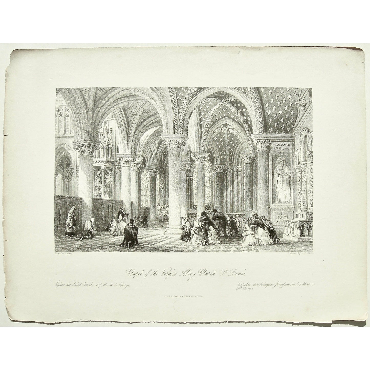 Chapel of the Virgin Abbey Church, St. Denis, Chapel, Virgin, Abbey, Abbey Church, architecture, interior, interiors, prayer, pray, praying, worship, worshiping, worshipers, corinthian, corinthian pillars, Corinthian architecture, rib vaulting, Ribbed Vaulting, Stain glass windows, Stained glass windows, tiled floor, tiled flooring, pillars, gallery, side gallery, France, France Illustrated, France Illustrated, Exhibiting its Landscape Scenery, Antiquities, Military and Ecclesiastical Architecture, Allom