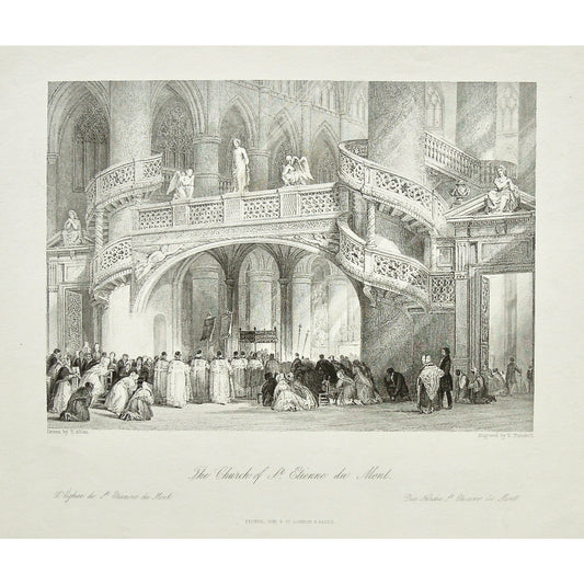 France, France Illustrated, Church of St. Etienne du Mont, Church, St. Etienne du Mont, St. Etienne, Eglise de St. Etienne du Mont, Eglise, Kirche St. Etienne du Mont, Kirche, processional, procession, spiral staircase, spiralled staircase, Nave, Montagne Sainte-Geneviève, French, French Church, French Gothic, French Renaissance, Architecture, Architectural Features, ornate detail, Sculptures, angels, Cherubs, France, France Illustrated, France Illustrated, Exhibiting its Landscape Scenery, Antiquities, 