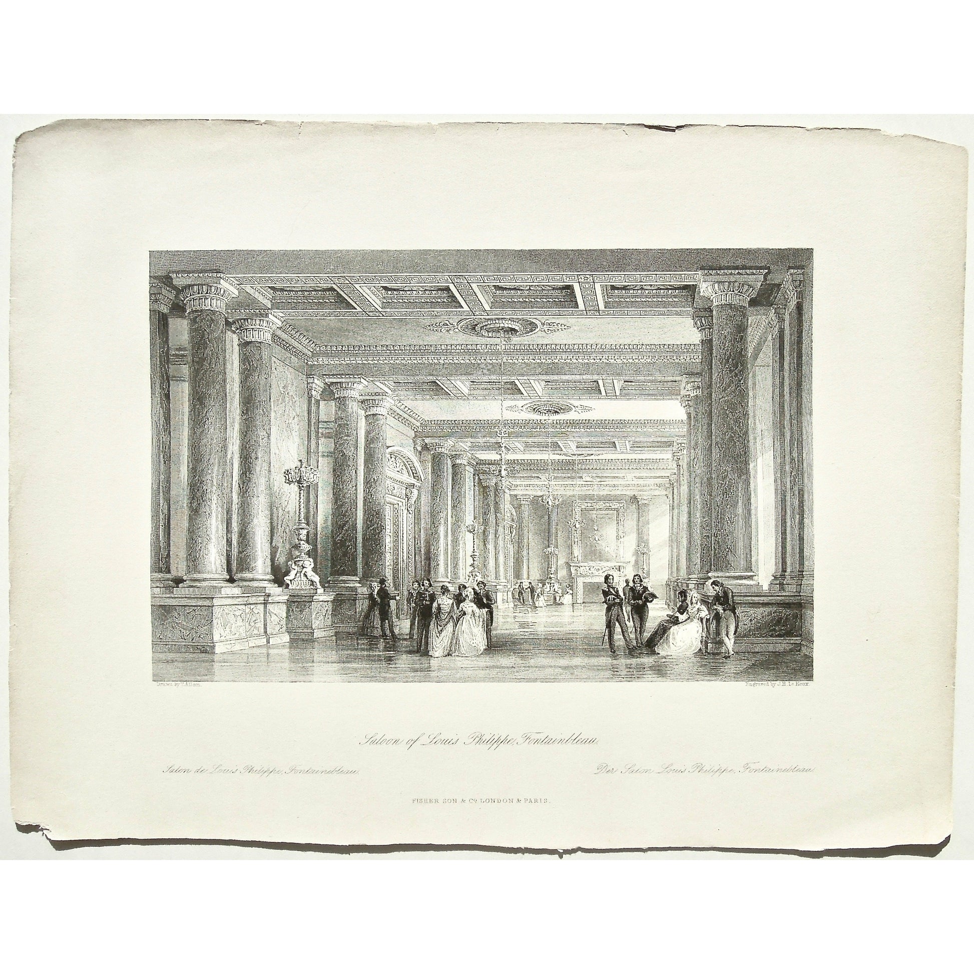 Saloon of Louis Philippe, Fontainebleau, Salon, Louis Philippe, Ornamental ceiling, Ceiling, Pillars, Events, Socializing, Party, Royal, Marble, coffered Ceiling, Coffered, Ornamental, Costume, Dress, Attire, Hall, Chandelier, France, France Illustrated, Exhibiting its Landscape Scenery, Antiquities, Military and Ecclesiastical Architecture, Thomas Allom, Allom, Fisher, Son & Co., London, Paris, Reverend George Newenham, Newenham, Caxton Press, Angel St., Martin's-Le-Grand, Mandeville, Neuve Vivienne, 1845,