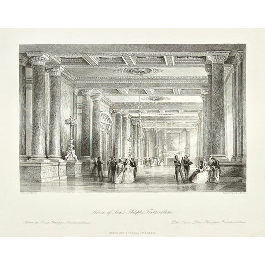 Saloon of Louis Philippe, Fontainebleau, Salon, Louis Philippe, Ornamental ceiling, Ceiling, Pillars, Events, Socializing, Party, Royal, Marble, coffered Ceiling, Coffered, Ornamental, Costume, Dress, Attire, Hall, Chandelier, France, France Illustrated, Exhibiting its Landscape Scenery, Antiquities, Military and Ecclesiastical Architecture, Thomas Allom, Allom, Fisher, Son & Co., London, Paris, Reverend George Newenham, Newenham, Caxton Press, Angel St., Martin's-Le-Grand, Mandeville, Neuve Vivienne, 1845,