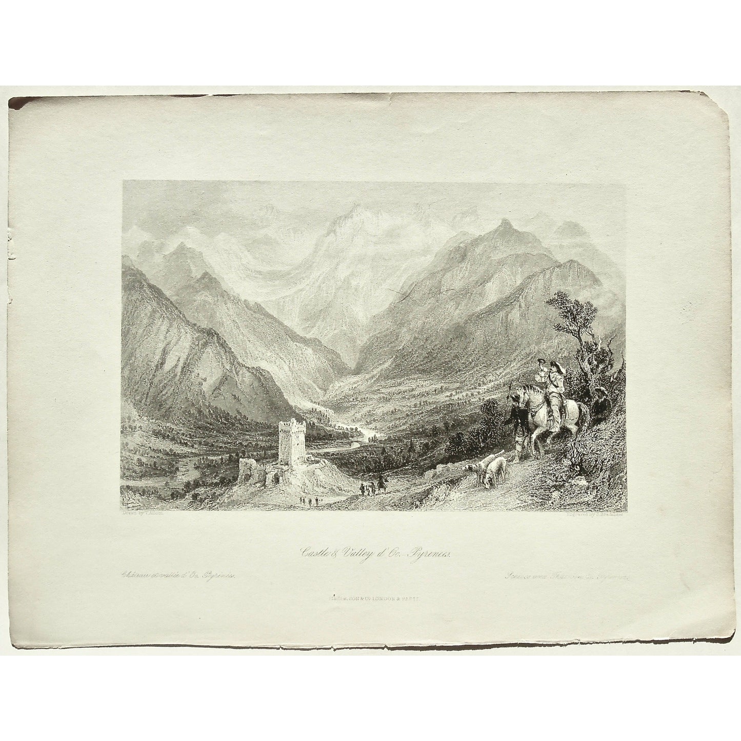 Castle, castles, Castle d'Oo, Valley, Valley D'Oo, d'Oo, Château, Vallée, Pyrenees, Schloss, Thal, Mountains, Pyrenees mountains, Tower, Horse, Horses, Dog, Dogs, Horn, fox horn, fox hunting, fox hunting horn, blowing a horn, hunting, horseback, France, France Illustrated, Exhibiting its Landscape Scenery, Antiquities, Military and Ecclesiastical Architecture, Thomas Allom, Allom, Fisher, Son & Co., London, Paris, Reverend George Newenham, Newenham, Caxton Press, Angel St., Martin's-Le-Grand, Mandeville,