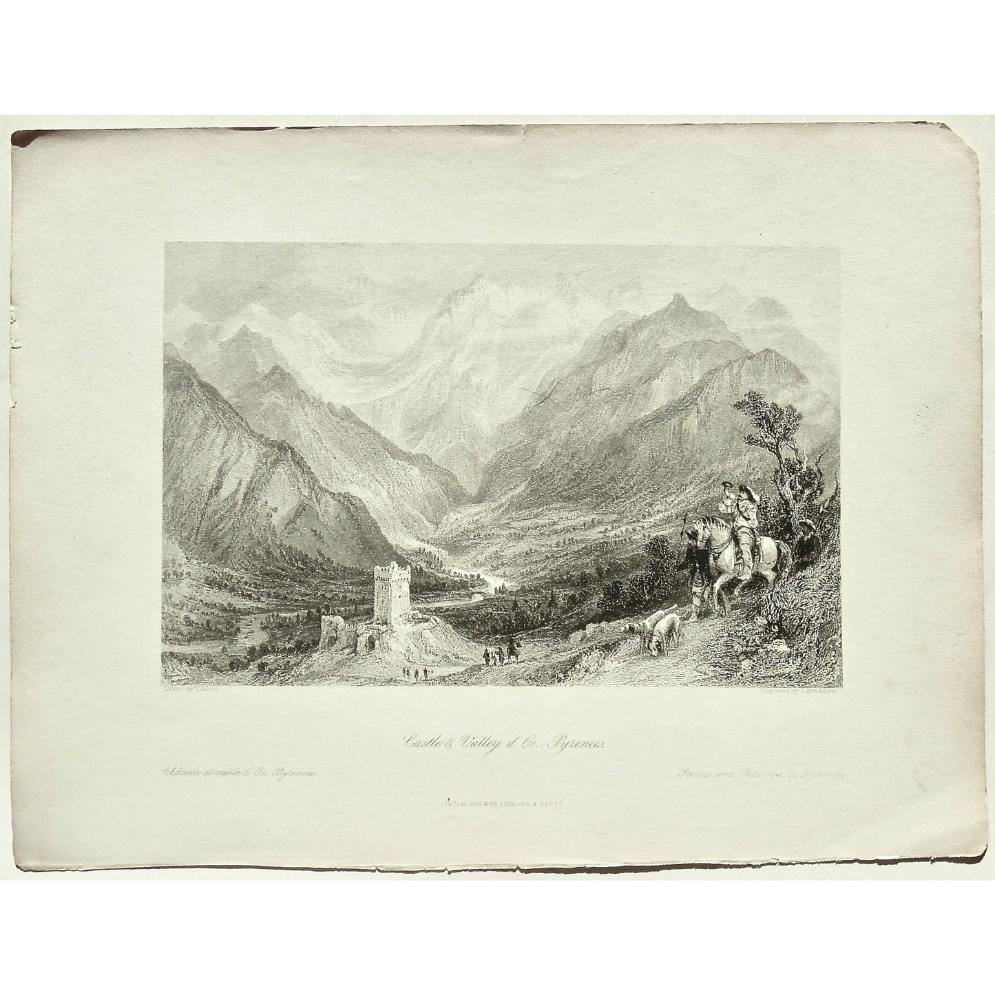 Castle, castles, Castle d'Oo, Valley, Valley D'Oo, d'Oo, Château, Vallée, Pyrenees, Schloss, Thal, Mountains, Pyrenees mountains, Tower, Horse, Horses, Dog, Dogs, Horn, fox horn, fox hunting, fox hunting horn, blowing a horn, hunting, horseback, France, France Illustrated, Exhibiting its Landscape Scenery, Antiquities, Military and Ecclesiastical Architecture, Thomas Allom, Allom, Fisher, Son & Co., London, Paris, Reverend George Newenham, Newenham, Caxton Press, Angel St., Martin's-Le-Grand, Mandeville, 