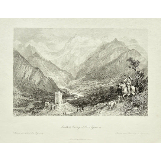 Castle, castles, Castle d'Oo, Valley, Valley D'Oo, d'Oo, Château, Vallée, Pyrenees, Schloss, Thal, Mountains, Pyrenees mountains, Tower, Horse, Horses, Dog, Dogs, Horn, fox horn, fox hunting, fox hunting horn, blowing a horn, hunting, horseback, France, France Illustrated, Exhibiting its Landscape Scenery, Antiquities, Military and Ecclesiastical Architecture, Thomas Allom, Allom, Fisher, Son & Co., London, Paris, Reverend George Newenham, Newenham, Caxton Press, Angel St., Martin's-Le-Grand, Mandeville, 