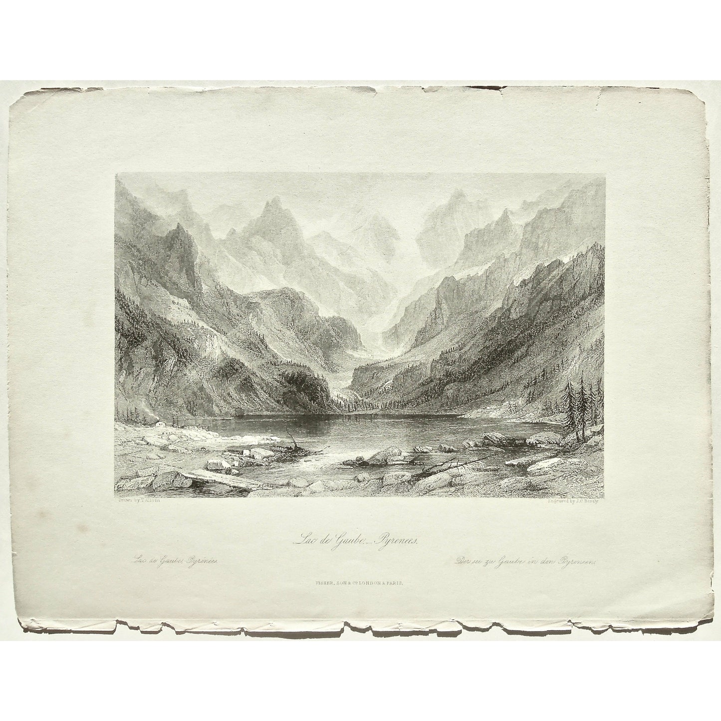 Lac de Gaube, Lac, Lacs, Lake Gaube, Pyrenees, Pyrenean, Pyrenees Mountains, Mountains, Mountain range, See zu Gaube, See, Base, Mountain base, Lake, Lakes, France, France Illustrated, Exhibiting its Landscape Scenery, Antiquities, Military and Ecclesiastical Architecture, Thomas Allom, Allom, Fisher, Son & Co., London, Paris, Reverend George Newenham, Newenham, Caxton Press, Angel St., Martin's-Le-Grand, Mandeville, Neuve Vivienne, 1845, antique prints, art, antique, prints, vintage, wall decor, wall art,