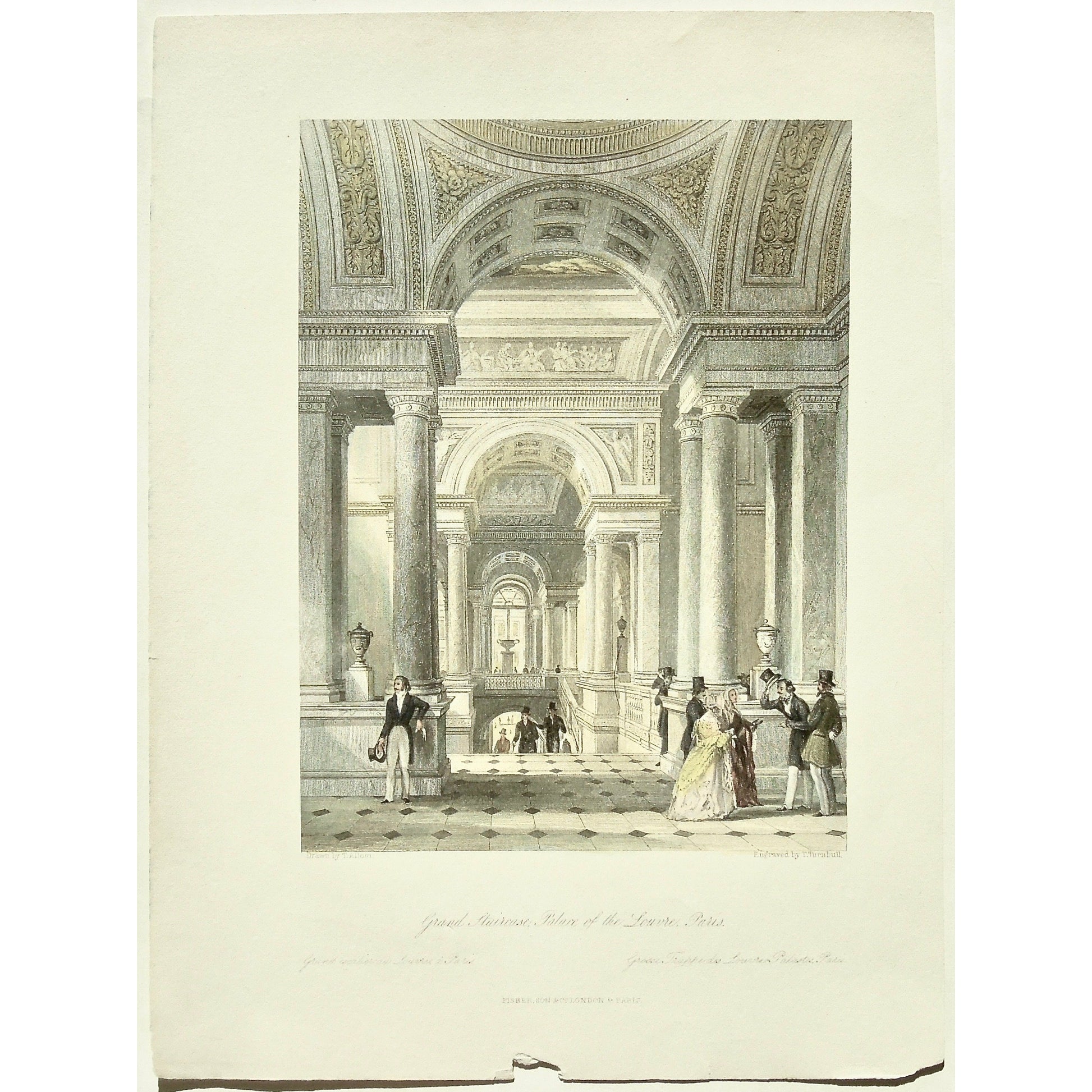 France, France Illustrated, Exhibiting its Landscape Scenery, Antiquities, Military and Ecclesiastical Architecture, Thomas Allom, Allom, Fisher, Son & Co., London, Paris, Reverend George Newenham, Newenham, Caxton Press, Angel St., Martin's-Le-Grand, Mandeville, Neuve Vivienne, 1845, Grand Staircase, Staircase, Louvre, Palais de Louvre, Palace of the Louvre, Palace, architecture, interior, domed ceiling, dome, social, socializing, society, People, Dresses, dress, Paris, socialites, columns, top hats, arch