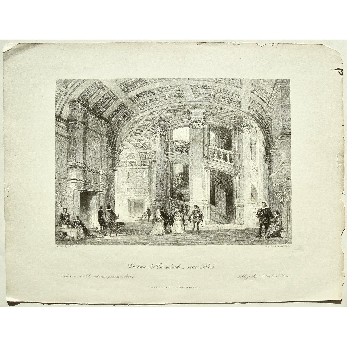 France, France Illustrated, Exhibiting its Landscape Scenery, Antiquities, Military and Ecclesiastical Architecture, Thomas Allom, Allom, Fisher, Son & Co., London, Paris, Reverend George Newenham, Newenham, Caxton Press, Angel St., Martin's-Le-Grand, Mandeville, Neuve Vivienne, 1845, château, Château, de Chambord, Chambord, Party, parties, events, coffered ceiling, ceiling, arched ceiling, architecture, Blois, Costume, dress, spiral staircase, castle, ruffled collars, antique prints, antique, prints, art