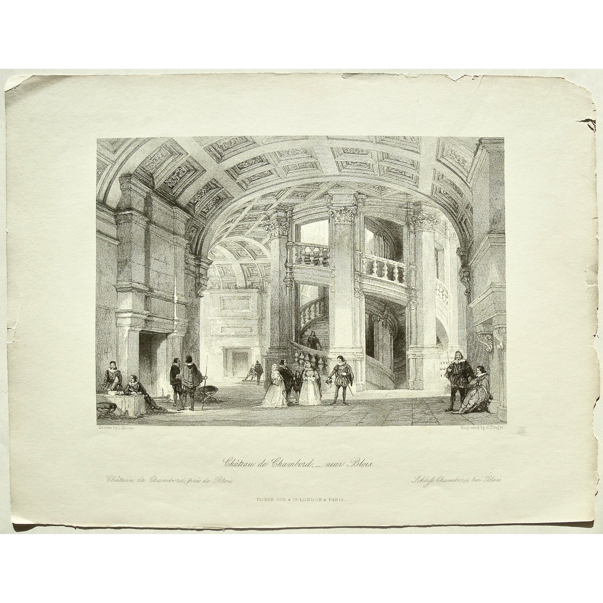 France, France Illustrated, Exhibiting its Landscape Scenery, Antiquities, Military and Ecclesiastical Architecture, Thomas Allom, Allom, Fisher, Son & Co., London, Paris, Reverend George Newenham, Newenham, Caxton Press, Angel St., Martin's-Le-Grand, Mandeville, Neuve Vivienne, 1845, château, Château, de Chambord, Chambord, Party, parties, events, coffered ceiling, ceiling, arched ceiling, architecture, Blois, Costume, dress, spiral staircase, castle, ruffled collars, antique prints, antique, prints, art