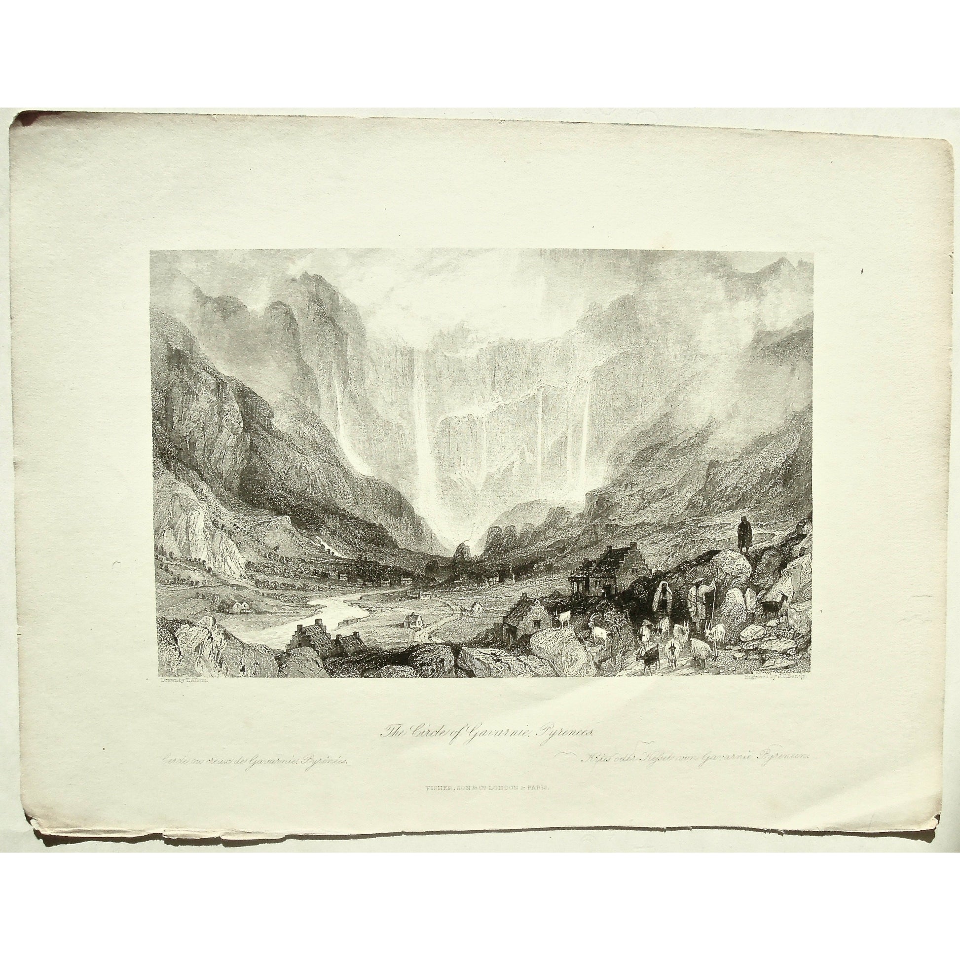France, France Illustrated, Exhibiting its Landscape Scenery, Antiquities, Military and Ecclesiastical Architecture, Thomas Allom, Allom, Fisher, Son & Co., London, Paris, Reverend George Newenham, Newenham, Caxton Press, Angel St., Martin's-Le-Grand, Mandeville, Neuve Vivienne, 1845, Circle of Gavarnie, Gavarnie, Pyrenees, Pyrenees mountains, farms, farming, Goats, shepherds, herding, waterfalls, mountains, village, villages,