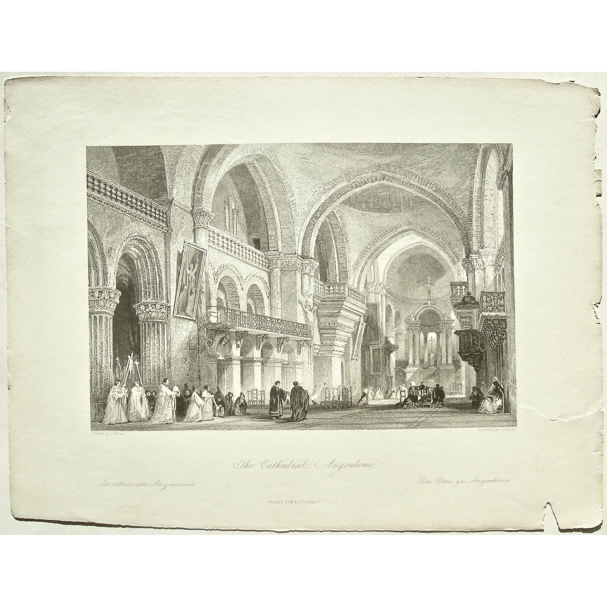 France, France Illustrated, Exhibiting its Landscape Scenery, Antiquities, Military and Ecclesiastical Architecture, Drawings, Thomas Allom, Esq., Allom, Descriptions by The Rev. G. N. Wright, M. A. Vol. III., London, Paris, Reverend George Newenham, Newenham, Caxton Press, Angel St., Martin's-Le-Grand, Mandeville, Neuve Vivienne, 1846, The Cathedral, Cathedral, Religious, Angouleme, Angouleme Cathedral, Service, Priest, Balconette, Interior, Architecture, Church, Prayer, Church service, Crosses, Cross, Art