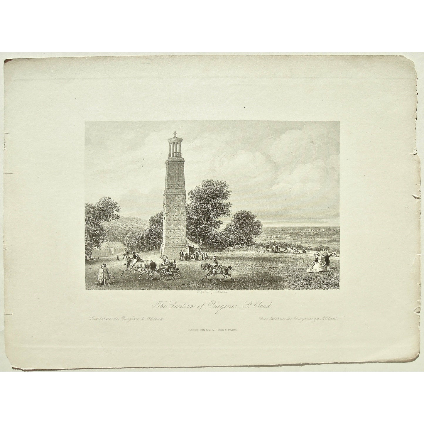 France, France Illustrated, Exhibiting its Landscape Scenery, Antiquities, Military and Ecclesiastical Architecture, Drawings, Thomas Allom, Esq., Allom, Descriptions by The Rev. G. N. Wright, M. A. Vol. III., London, Paris, Reverend George Newenham, Newenham, Caxton Press, Angel St., Martin's-Le-Grand, Mandeville, Neuve Vivienne, 1846, Lantern of Diogenes, Lantern, Diogenes, St. Cloud, Tower, Horse and carriage, Horseback, views, meeting, walks, strolling, antique Prints, antique, Prints, Vintage, artwork