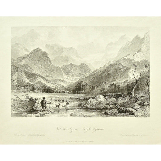 France, France Illustrated, Exhibiting its Landscape Scenery, Antiquities, Military and Ecclesiastical Architecture, Drawings, Thomas Allom, Esq., Allom, Descriptions by The Rev. G. N. Wright, M. A. Vol. III., London, Paris, Reverend George Newenham, Newenham, Caxton Press, Angel St., Martin's-Le-Grand, Mandeville, Neuve Vivienne, 1846, Val D'Azun, Val, Valley, High Pyrenees, Pyrenees, Pyrenees mountains, shepherd, goats, herding, views, mountains, antique, Antique prints, Prints, Original, Rare, Vintage, 