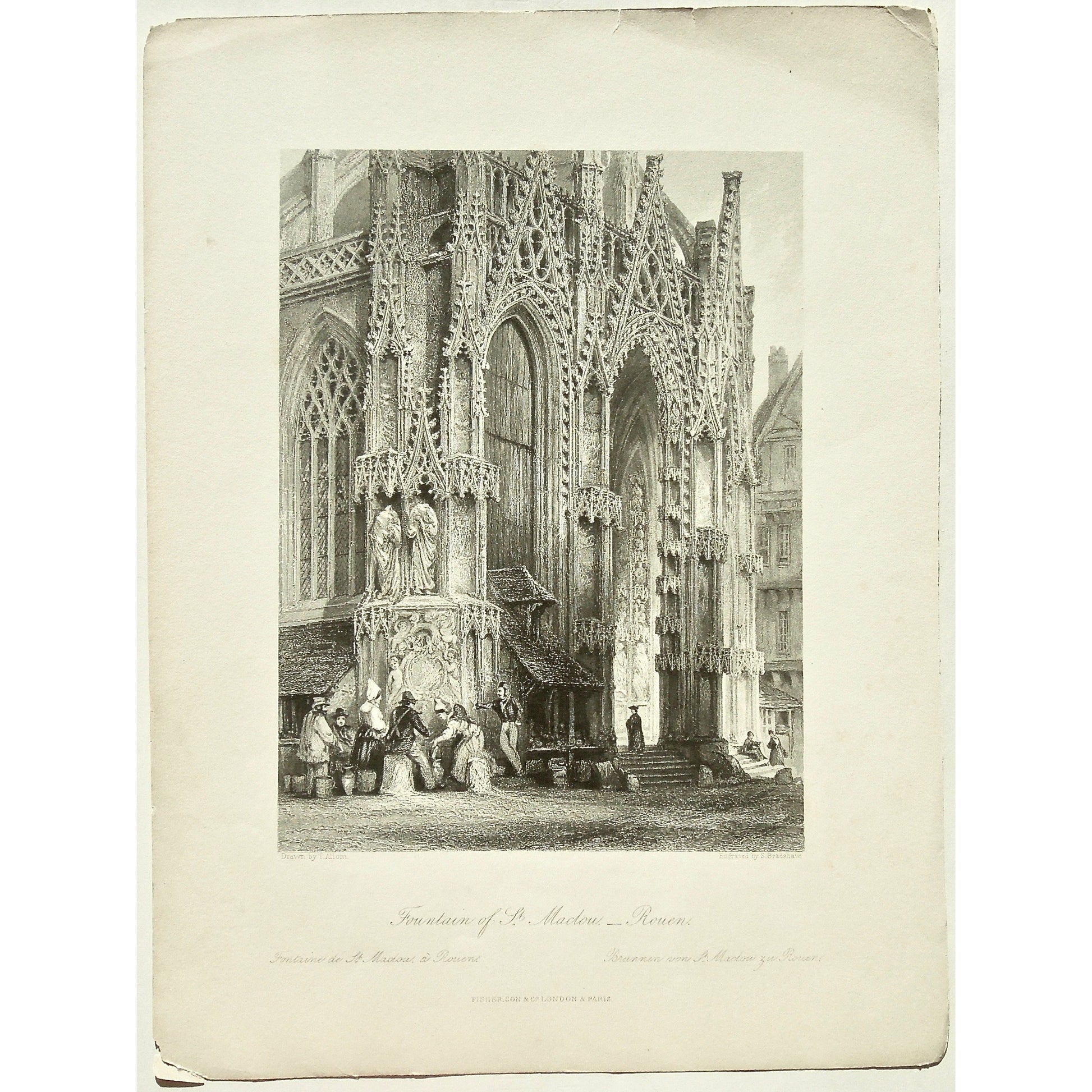 France, France Illustrated, Exhibiting its Landscape Scenery, Antiquities, Military and Ecclesiastical Architecture, Drawings, Thomas Allom, Esq., Allom, Descriptions by The Rev. G. N. Wright, M. A. Vol. III., London, Paris, Reverend George Newenham, Newenham, Caxton Press, Angel St., Martin's-Le-Grand, Mandeville, Neuve Vivienne, 1846, Fountain of St. Maclou, St. Maclou, Fountain, Building, Architecture, Architectural features, gathering, Rouen, Church, Market, Square, Antique, Antique prints, Prints, arts
