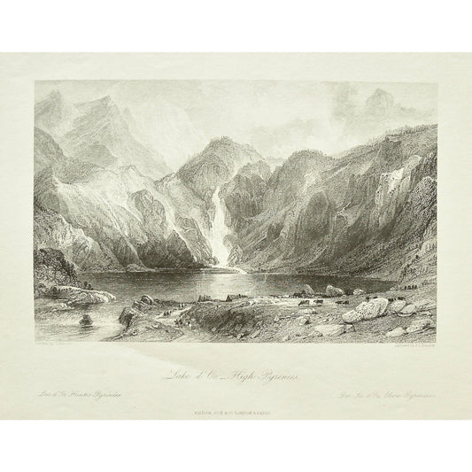 France, France Illustrated, Exhibiting its Landscape Scenery, Antiquities, Military and Ecclesiastical Architecture, Drawings, Thomas Allom, Esq., Allom, Descriptions by The Rev. G. N. Wright, M. A. Vol. III., London, Paris, Reverend George Newenham, Newenham, Caxton Press, Angel St., Martin's-Le-Grand, Mandeville, Neuve Vivienne, 1846, Lac D'oo, Lake Oo, High Pyrenees, Pyrenees, Pyrenees mountains, Cattle, cows, Horseback, horseback riding, riding, horses, waterfall, lake, mountains, mountain views, views