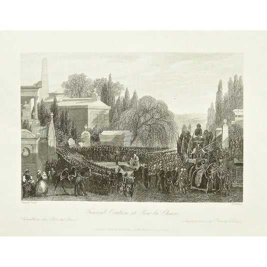 France, France Illustrated, Comprising a Summer and Winter in Paris, Drawings by Eugene Lami, T. Allom, Thomas Allom, Allom, Descriptions by M. Jules Janin, Supplemental Vol. IV., London, Paris, Peter Jackson, Reverend George Newenham, Newenham, Caxton Press, Angel St., Martin's-Le-Grand, Mandeville, Neuve Vivienne, 1847, Funeral, Funeral oration, Oration, Funeral oration at Pere-La-Chaise, Pere la Chaise, death, gathering, mourning, cemetery, burial, soldiers, Horseback, cavalry, paying respect, antique, 