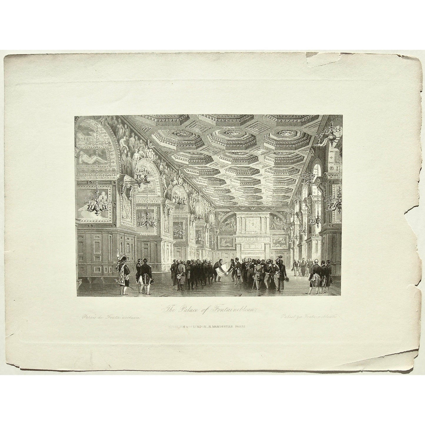 France, France Illustrated, Comprising a Summer and Winter in Paris, Drawings by Eugene Lami, T. Allom, Thomas Allom, Allom, Descriptions by M. Jules Janin, Supplemental Vol. IV., London, Paris, Peter Jackson, Reverend George Newenham, Newenham, Caxton Press, Angel St., Martin's-Le-Grand, Mandeville, Neuve Vivienne, 1847, Palace, Palace of Fontainebleau, Fontainebleau, Architecture, interior, Interiors, Coffered ceiling, gathering, meeting, Architectural features, Candelabras, Maps, Decoration, Fontaineblea