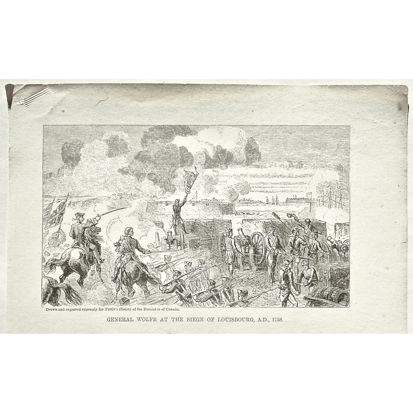 General Wolfe at the Siege of Louisbourg, 1758, General, General Wolfe, Wolfe, Siege, Siege of Louisbourg, Louisbourg, Battle, Battles, War, Wars, Army, Troops, Cavalry, Swords, Flags, Guns, Weapons, Tuttle, Charles Tuttle, History of the Dominion, Popular History of the Dominion, Downie, Bigney, History, Dominion, Canada, Canadian History, Antique, Antique Print, Steel Engraving, Engraving, Prints, Printmaking, Original, Rare prints, rare books, Wall decor, Home decor, office art, Unique, 1877, Old Prints,