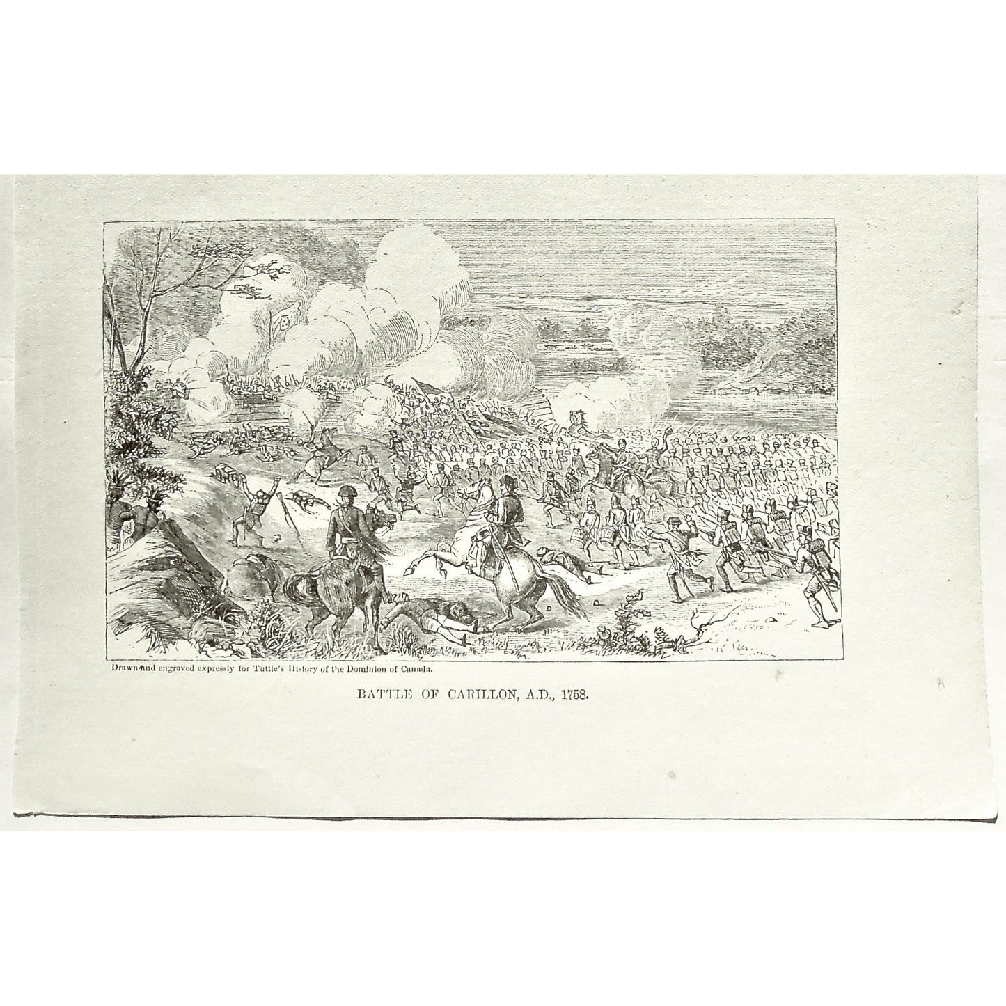 Battle of Carillon, Battle, Carillon, 1758, Battles, War, Wars, Siege, Army, Troops, Cavalry, Swords, Battle Formation, Flags, Guns, Weapons, Tuttle, Charles Tuttle, History of the Dominion, Popular History of the Dominion, Downie, Bigney, History, Dominion, Canada, Canadian History, Antique, Antique Print, Steel Engraving, Engraving, Prints, Printmaking, Original, Rare prints, rare books, Wall decor, Home decor, office art, Unique, 1877, Old Prints, Battle Grounds, Horses, Riders, Army lines, Formation,