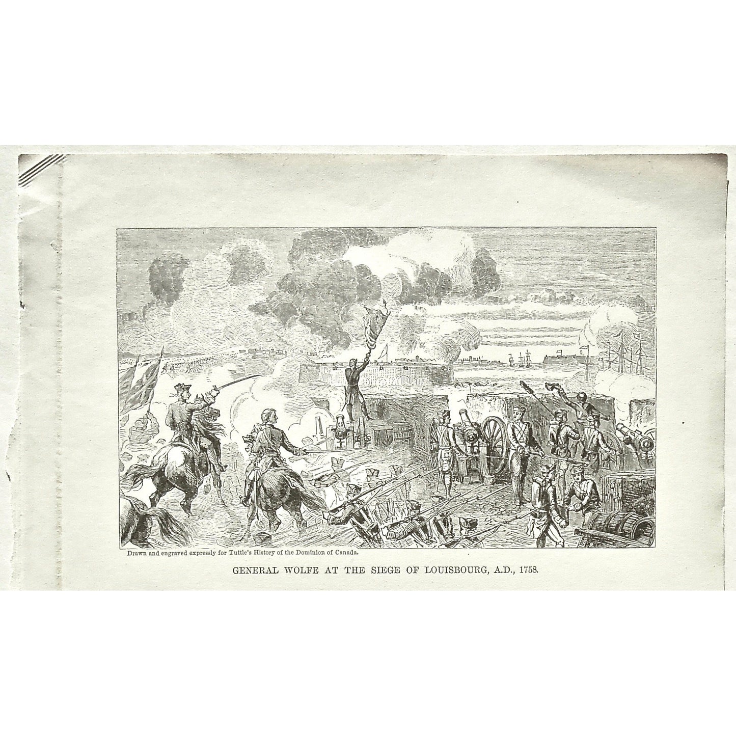 General Wolfe at the Siege of Louisbourg, 1758, General, General Wolfe, Wolfe, Siege, Siege of Louisbourg, Louisbourg, Battle, Battles, War, Wars, Army, Troops, Cavalry, Swords, Flags, Guns, Weapons, Tuttle, Charles Tuttle, History of the Dominion, Popular History of the Dominion, Downie, Bigney, History, Dominion, Canada, Canadian History, Antique, Antique Print, Steel Engraving, Engraving, Prints, Printmaking, Original, Rare prints, rare books, Wall decor, Home decor, office art, Unique, 1877, Old Prints,