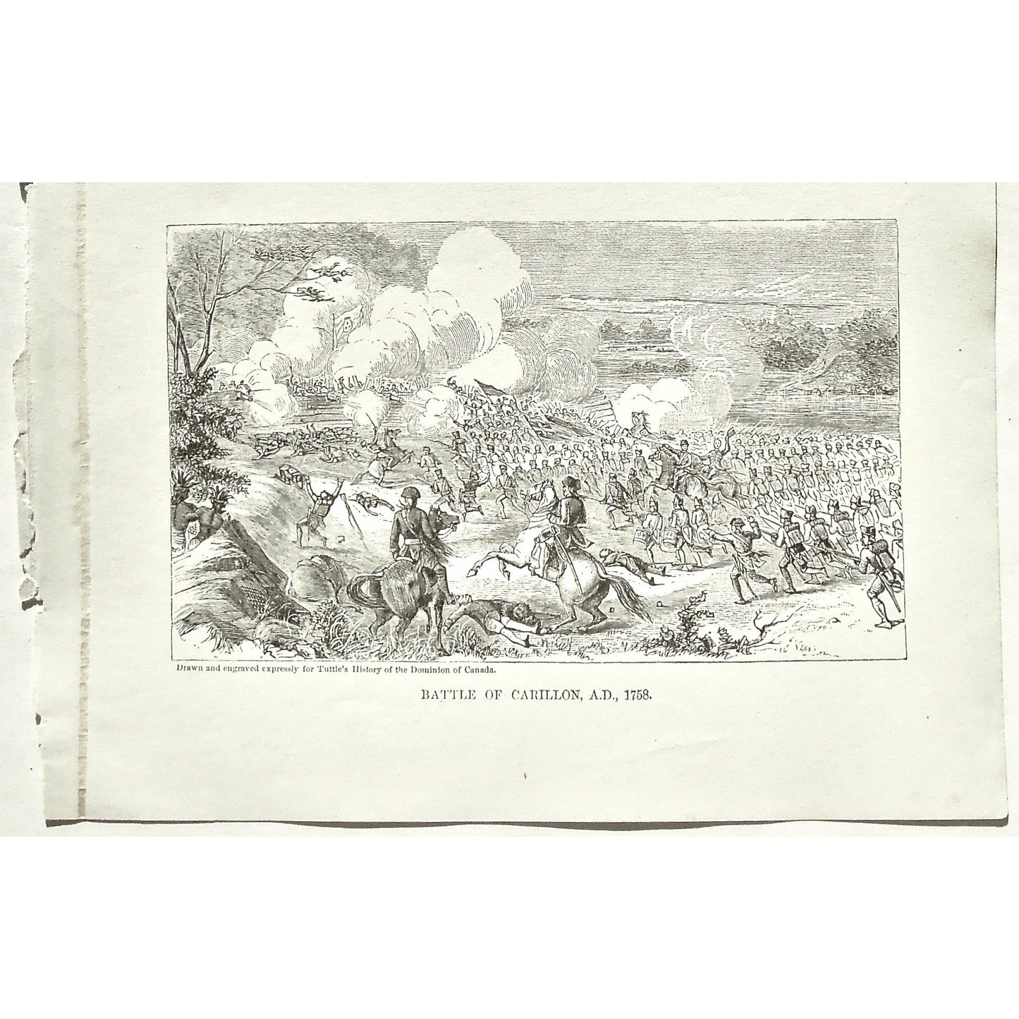 Battle of Carillon, Battle, Carillon, 1758, Battles, War, Wars, Siege, Army, Troops, Cavalry, Swords, Battle Formation, Flags, Guns, Weapons, Tuttle, Charles Tuttle, History of the Dominion, Popular History of the Dominion, Downie, Bigney, History, Dominion, Canada, Canadian History, Antique, Antique Print, Steel Engraving, Engraving, Prints, Printmaking, Original, Rare prints, rare books, Wall decor, Home decor, office art, Unique, 1877, Old Prints, Olden days, Old battles, Horseback, Going into battle,