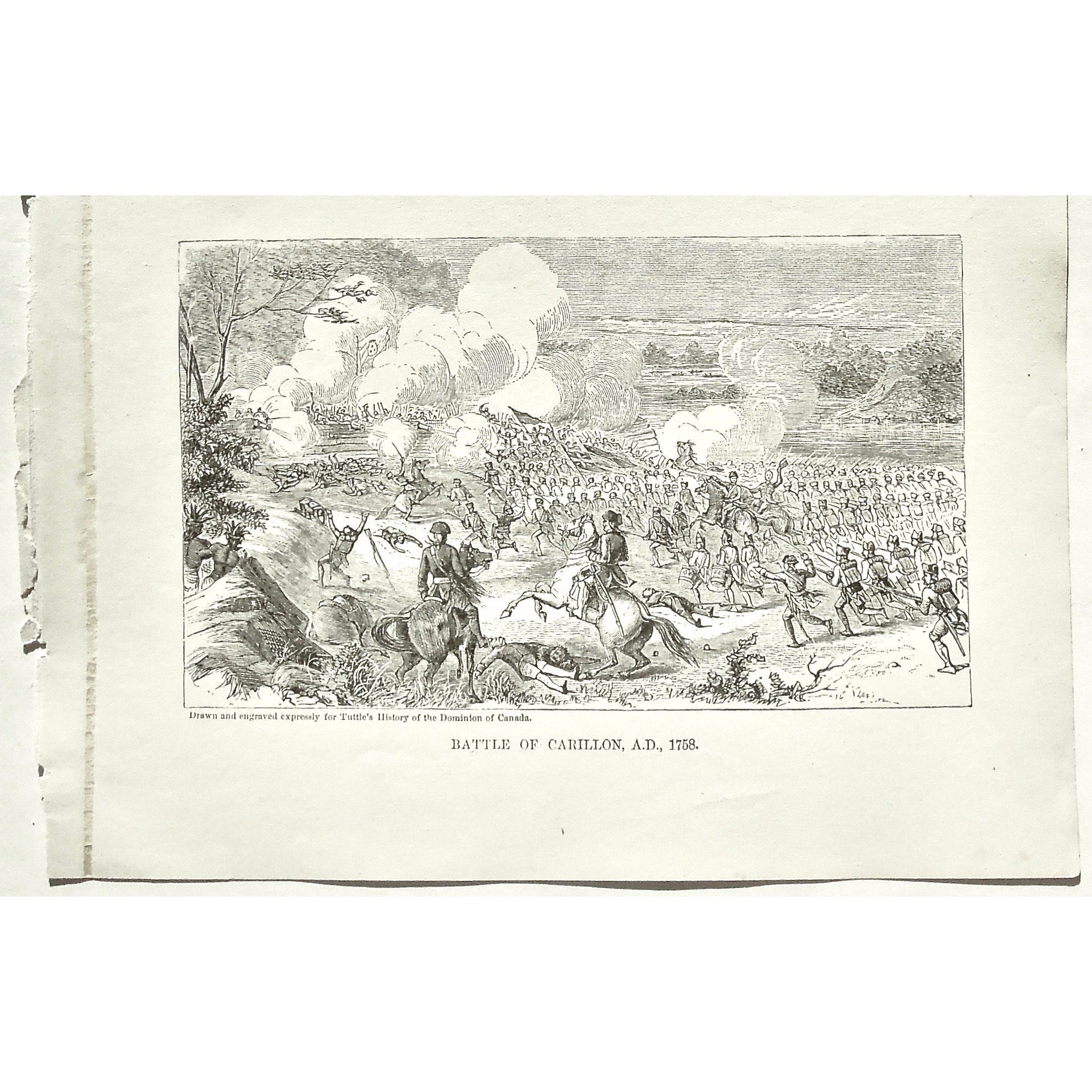 Battle of Carillon, Battle, Carillon, 1758, Battles, War, Wars, Siege, Army, Troops, Cavalry, Swords, Battle Formation, Flags, Guns, Weapons, Tuttle, Charles Tuttle, History of the Dominion, Popular History of the Dominion, Downie, Bigney, History, Dominion, Canada, Canadian History, Antique, Antique Print, Steel Engraving, Engraving, Prints, Printmaking, Original, Rare prints, rare books, Wall decor, Home decor, office art, Unique, 1877, Old Prints, Olden days, Old battles, Horseback, Going into battle, 