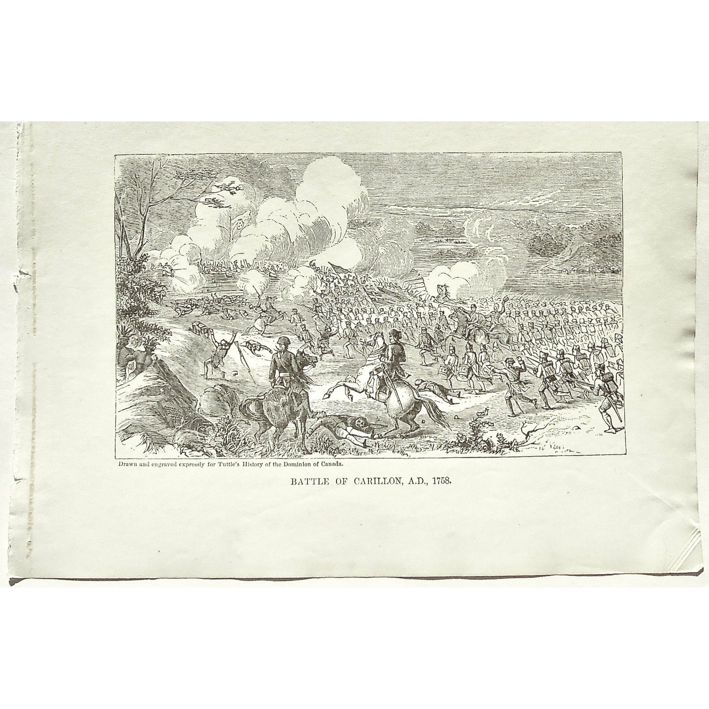 Battle of Carillon, Battle, Carillon, 1758, Battles, War, Wars, Siege, Army, Troops, Cavalry, Swords, Battle Formation, Flags, Guns, Weapons, Tuttle, Charles Tuttle, History of the Dominion, Popular History of the Dominion, Downie, Bigney, History, Dominion, Canada, Canadian History, Antique, Antique Print, Steel Engraving, Engraving, Prints, Printmaking, Original, Rare prints, rare books, Wall decor, Home decor, office art, Unique, 1877, Old Prints, Battle front, Going into battle, Battle lines, Formation,