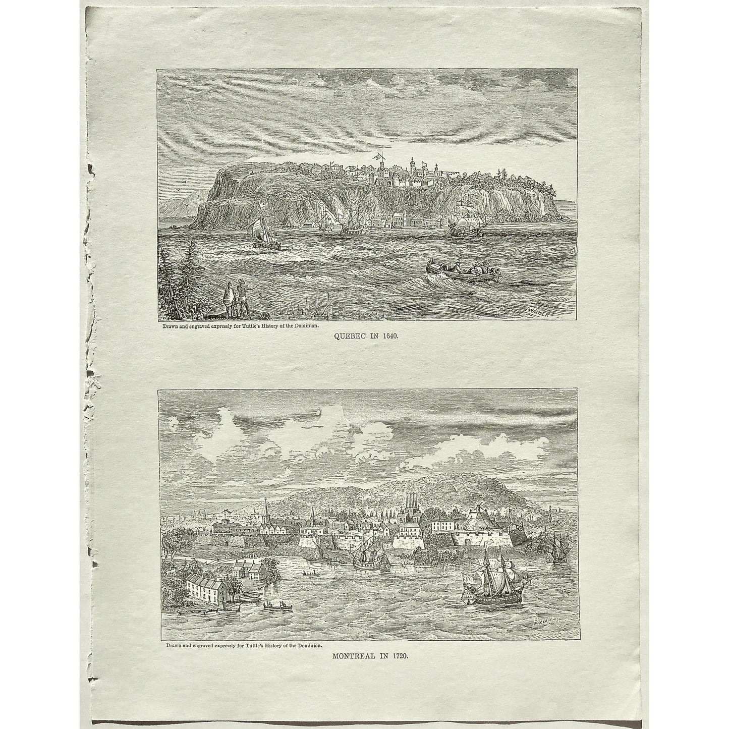 Quebec, 1640, Montreal, 1720, Ships, Boats, Sailing, Rowing, Canoes, Buildings, from the water, Town, Tuttle, Charles Tuttle, History of the Dominion, Popular History of the Dominion, Downie, Bigney, History, Dominion, Canada, Canadian History, Antique, Antique Print, Steel Engraving, Engraving, Prints, Printmaking, Original, Rare prints, rare books, Wall decor, Home decor, office art, Unique, 1877, Old Prints, Water Views, Mountain Views, City View, Native American, On the water, Interior decor, historical