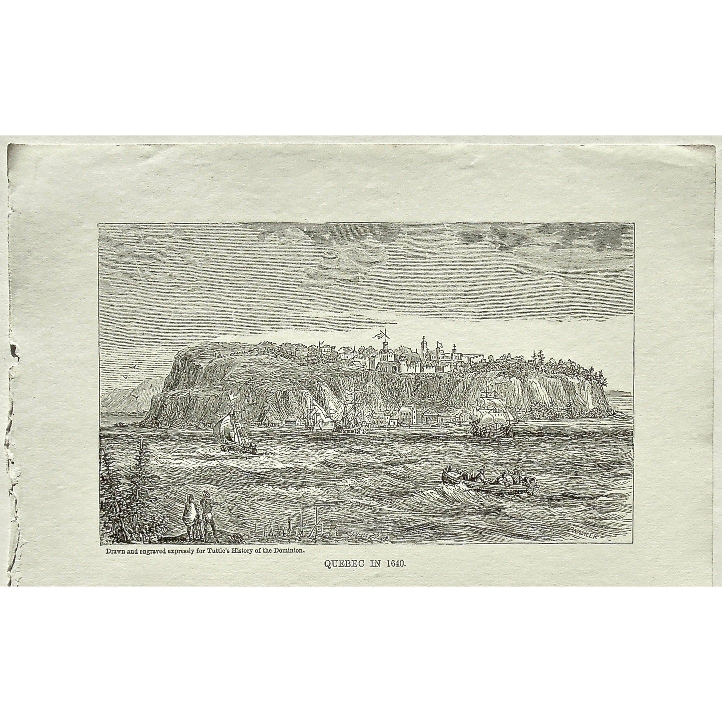 Quebec, 1640, Ships, Boats, Sailing, Rowing, Canoes, Buildings, from the water, Town, Tuttle, Charles Tuttle, History of the Dominion, Popular History of the Dominion, Downie, Bigney, History, Dominion, Canada, Canadian History, Antique, Antique Print, Steel Engraving, Engraving, Prints, Printmaking, Original, Rare prints, rare books, Wall decor, Home decor, office art, Unique, 1877, Design, Interior decor, wall art, Old Prints, black and white, historical, history, Canadian history, history of art, artwork