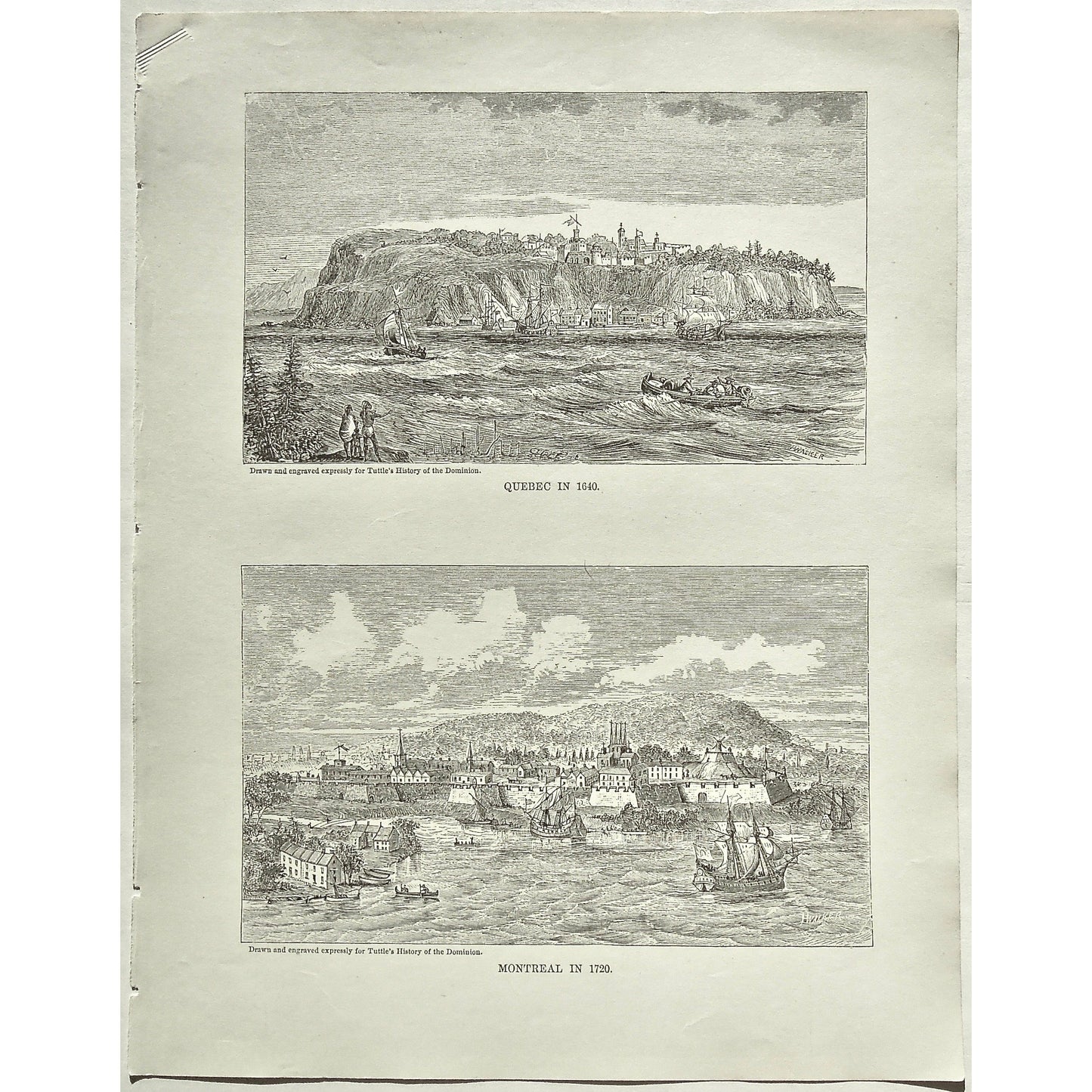 Quebec, 1640, Montreal, 1720, Ships, Boats, Sailing, Rowing, Canoes, Buildings, from the water, Town, Tuttle, Charles Tuttle, History of the Dominion, Popular History of the Dominion, Downie, Bigney, History, Dominion, Canada, Canadian History, Antique, Antique Print, Steel Engraving, Engraving, Prints, Printmaking, Original, Rare prints, rare books, Wall decor, Home decor, office art, Unique, 1877, Old prints, Historical prints, History, Art history, historical moments, Canadian history, Montreal history,