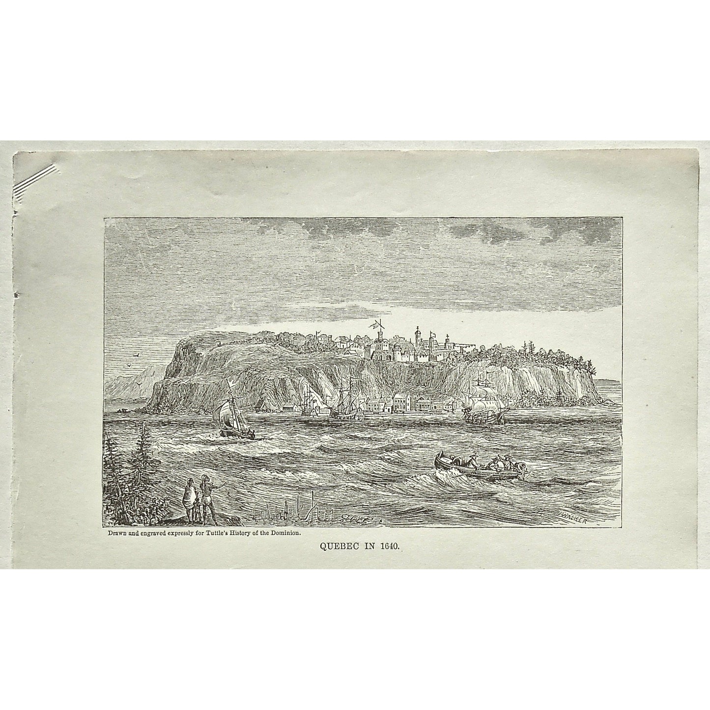 Quebec, 1640, Ships, Boats, Sailing, Rowing, Canoes, Buildings, from the water, Town, Tuttle, Charles Tuttle, History of the Dominion, Popular History of the Dominion, Downie, Bigney, History, Dominion, Canada, Canadian History, Antique, Antique Print, Steel Engraving, Engraving, Prints, Printmaking, Original, Rare prints, rare books, Wall decor, Home decor, office art, Unique, 1877, Old prints, historical prints, Canadian prints, Art History, History of Art, City View, Shipping, Interior decor, design, art