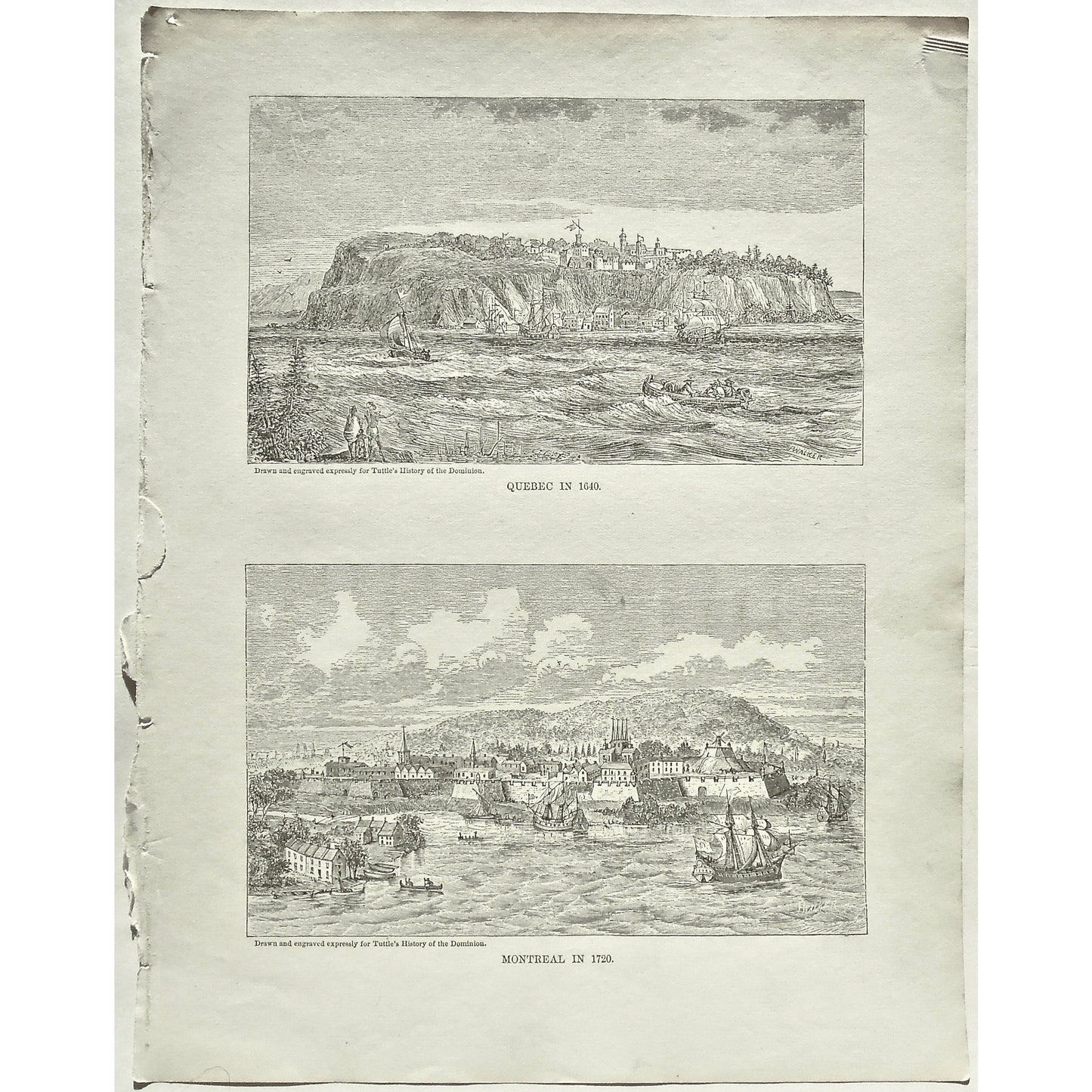 Quebec, 1640, Montreal, 1720, Ships, Boats, Sailing, Rowing, Canoes, Buildings, from the water, Town, Tuttle, Charles Tuttle, History of the Dominion, Popular History of the Dominion, Downie, Bigney, History, Dominion, Canada, Canadian History, Antique, Antique Print, Steel Engraving, Engraving, Prints, Printmaking, Original, Rare prints, rare books, Wall decor, Home decor, office art, Unique, Old prints, historical prints, Canadian prints, Art History, History of Art, City View, Shipping, Interior decor,