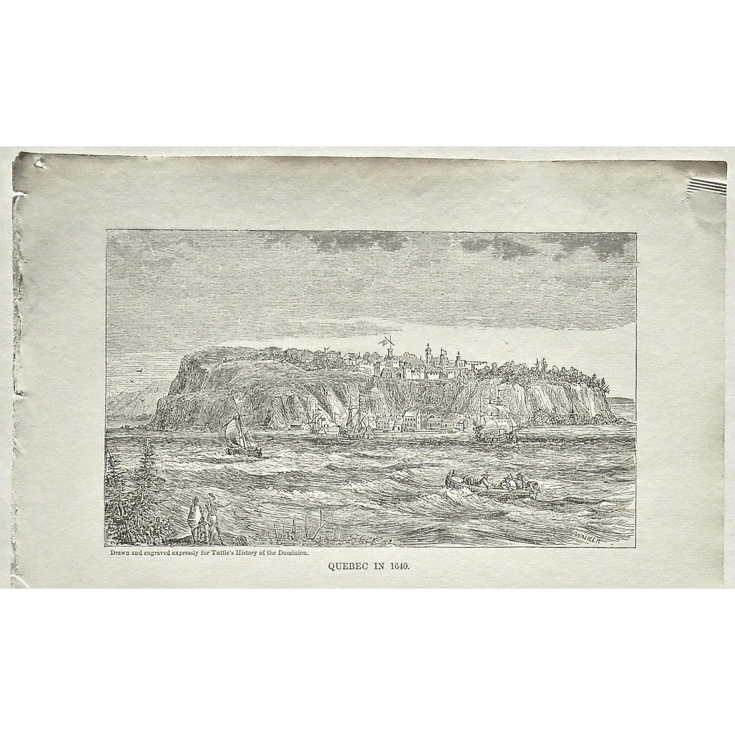 Quebec, 1640, Ships, Boats, Sailing, Rowing, Canoes, Buildings, from the water, Town, Tuttle, Charles Tuttle, History of the Dominion, Popular History of the Dominion, Downie, Bigney, History, Dominion, Canada, Canadian History, Antique, Antique Print, Steel Engraving, Engraving, Prints, Printmaking, Original, Rare prints, rare books, Wall decor, Home decor, office art, Unique, Old prints, historical prints, Canadian prints, Art History, History of Art, City View, Shipping, Interior decor, design, artwork,