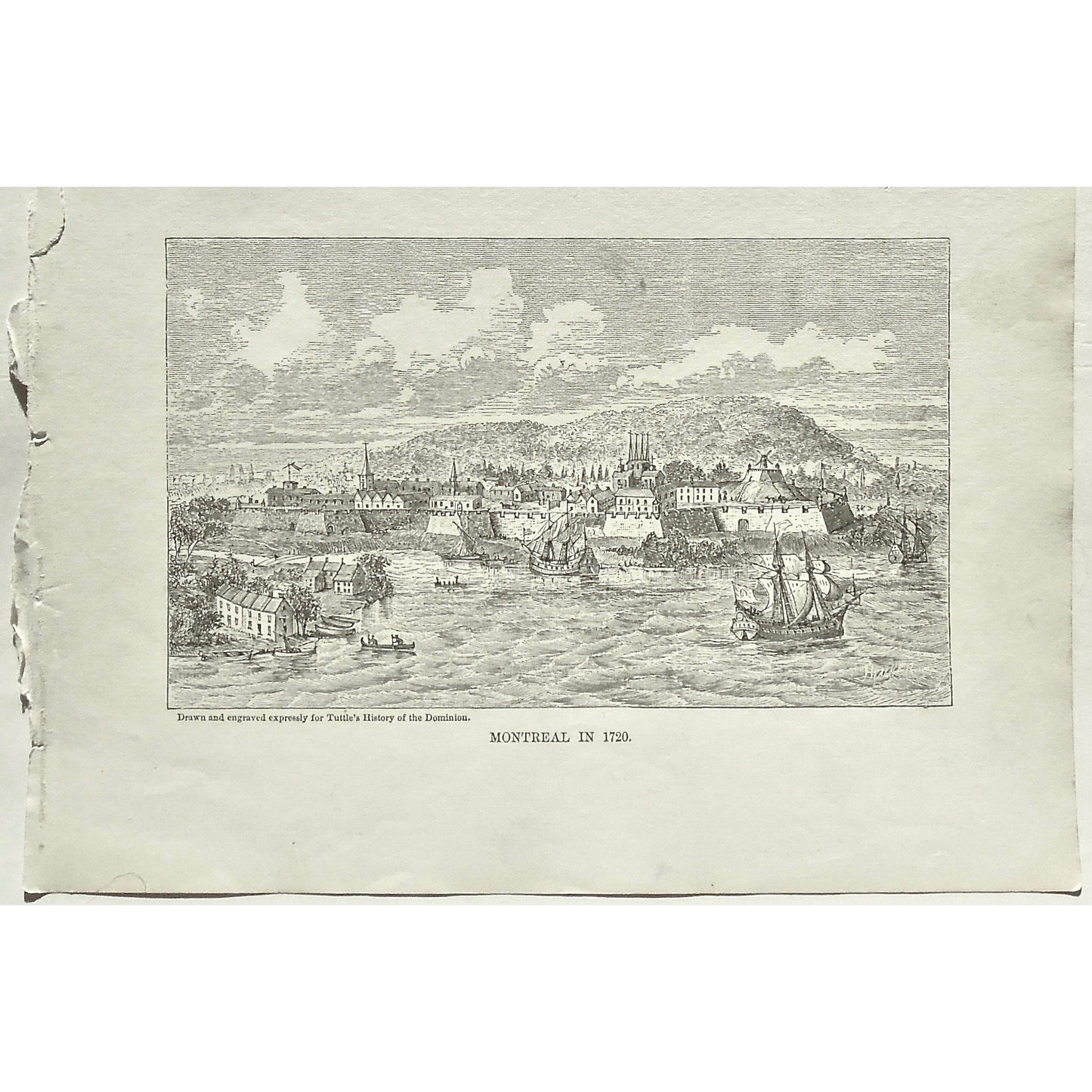 Montreal, 1720, Ships, Boats, Sailing, Rowing, Canoes, Buildings, from the water, Town, Tuttle, Charles Tuttle, History of the Dominion, Popular History of the Dominion, Downie, Bigney, History, Dominion, Canada, Canadian History, Antique, Antique Print, Steel Engraving, Engraving, Prints, Printmaking, Original, Rare prints, rare books, Wall decor, Home decor, office art, Unique, 1877, Old prints, historical prints, Canadian prints, Art History, History of Art, City View, Shipping, Interior decor, design,