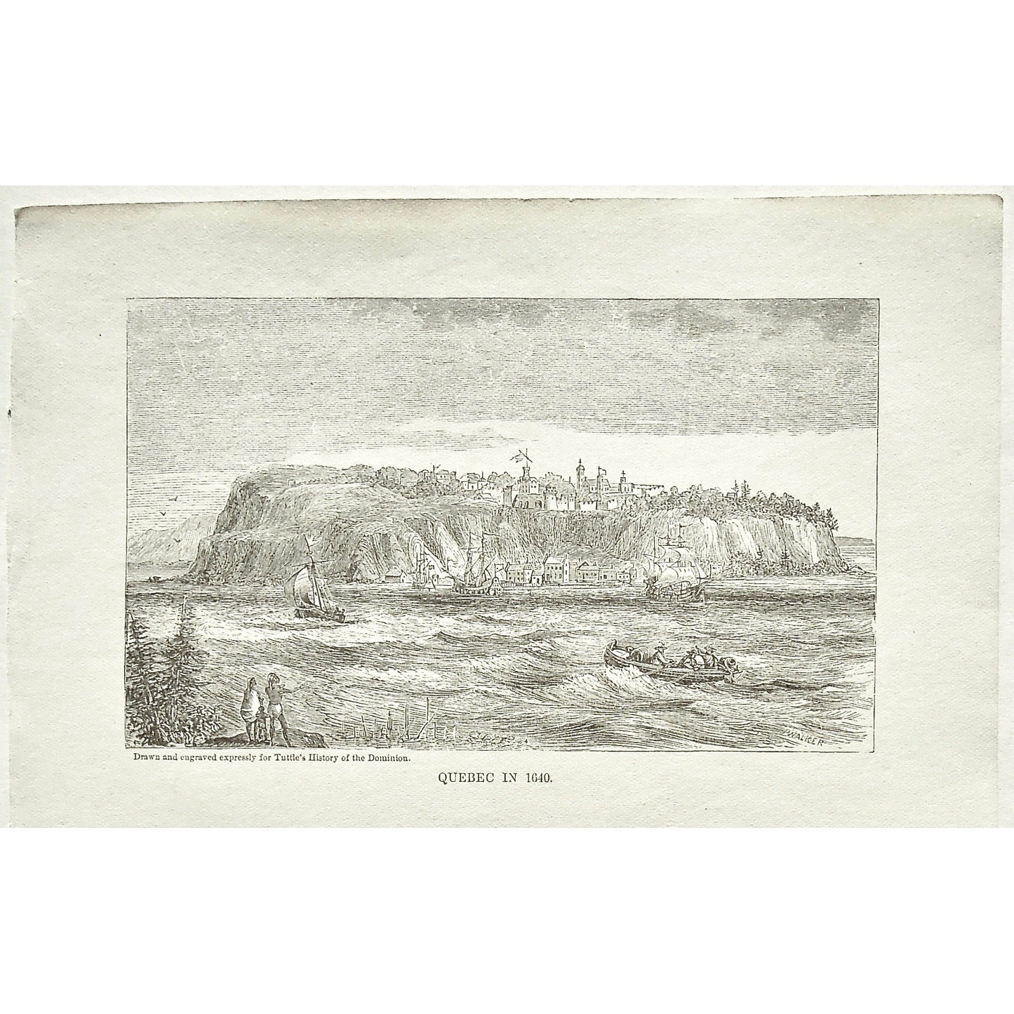 Quebec, 1640, Ships, Boats, Sailing, Rowing, Canoes, Buildings, from the water, Town, Tuttle, Charles Tuttle, History of the Dominion, Popular History of the Dominion, Downie, Bigney, History, Dominion, Canada, Canadian History, Antique, Antique Print, Steel Engraving, Engraving, Prints, Printmaking, Original, Rare prints, rare books, Wall decor, Home decor, office art, Unique, 1877, Old prints, historical prints, Canadian prints, Art History, History of Art, City View, Shipping, Interior decor, design, Art