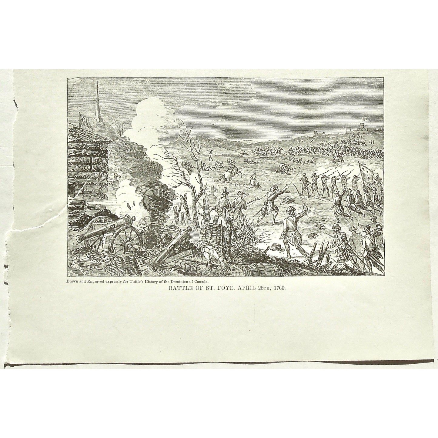 Battle of St. Foye, St. Foye, April 28th, 1760, Soldiers, Troops, Cavalry, Weapons, Guns, War, Army, Battle Formation, Canon, Drummer, Flag, Union Jack, British Flag, British Troops, English Flag, English Troops, Tuttle, Charles Tuttle, History of the Dominion, Popular History of the Dominion, Downie, Bigney, History, Dominion, Canada, Canadian History, Antique, Antique Print, Steel Engraving, Engraving, Prints, Printmaking, Original, Rare prints, rare books, Wall decor, Home decor, office art, Unique, 1877
