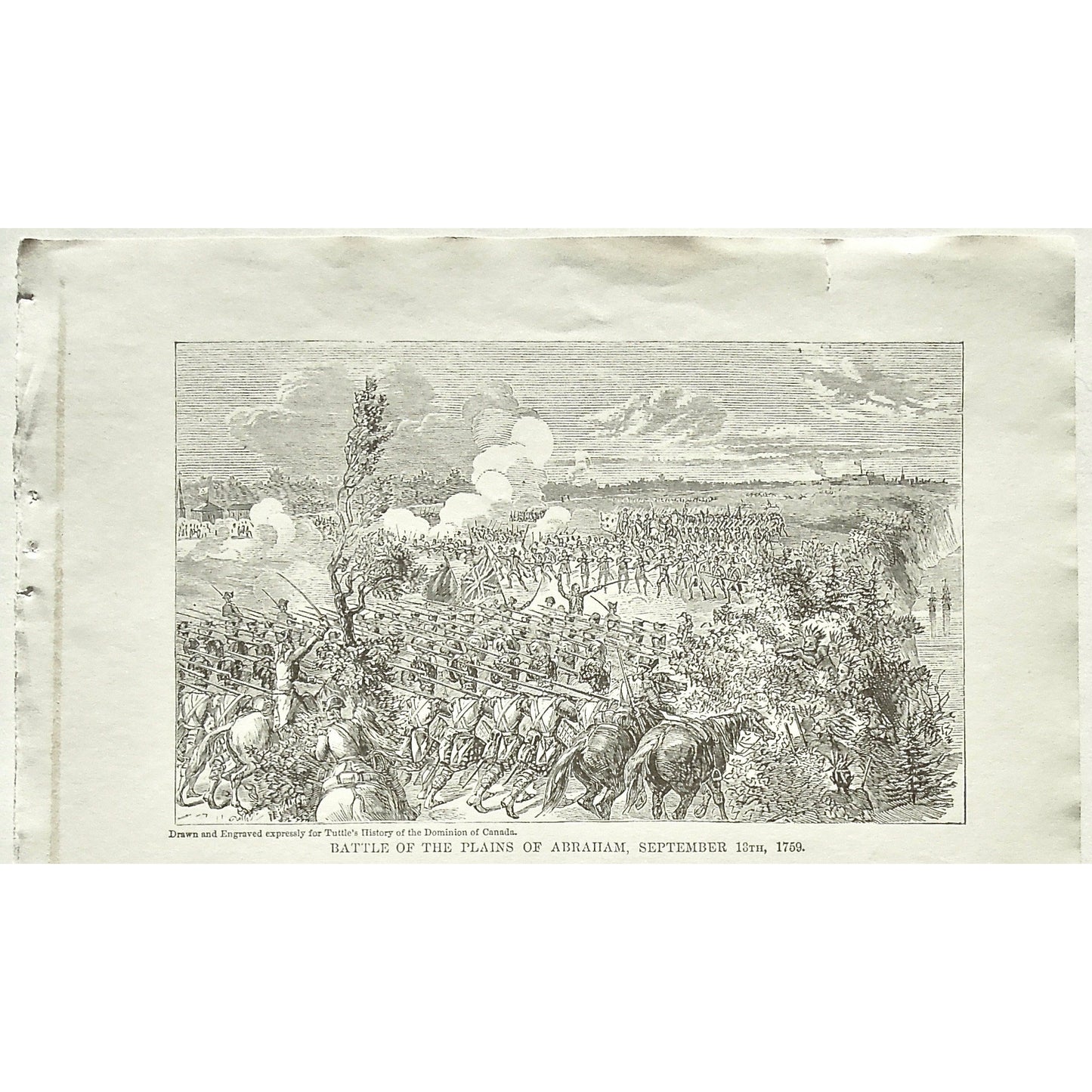 Battle of the Plains of Abraham, Battle, Plains of Abraham, Battles, September 13th, 1759, Soldiers, Troops, Cavalry, Weapons, Guns, War, Army, Battle Formation, Flag, Union Jack, British Flag, British Troops, English Flag, English Troops, Tuttle, Charles Tuttle, History of the Dominion, Popular History of the Dominion, Downie, Bigney, History, Dominion, Canada, Canadian History, Antique, Antique Print, Steel Engraving, Engraving, Prints, Printmaking, Original, Rare prints, rare books, Wall decor, Home deco