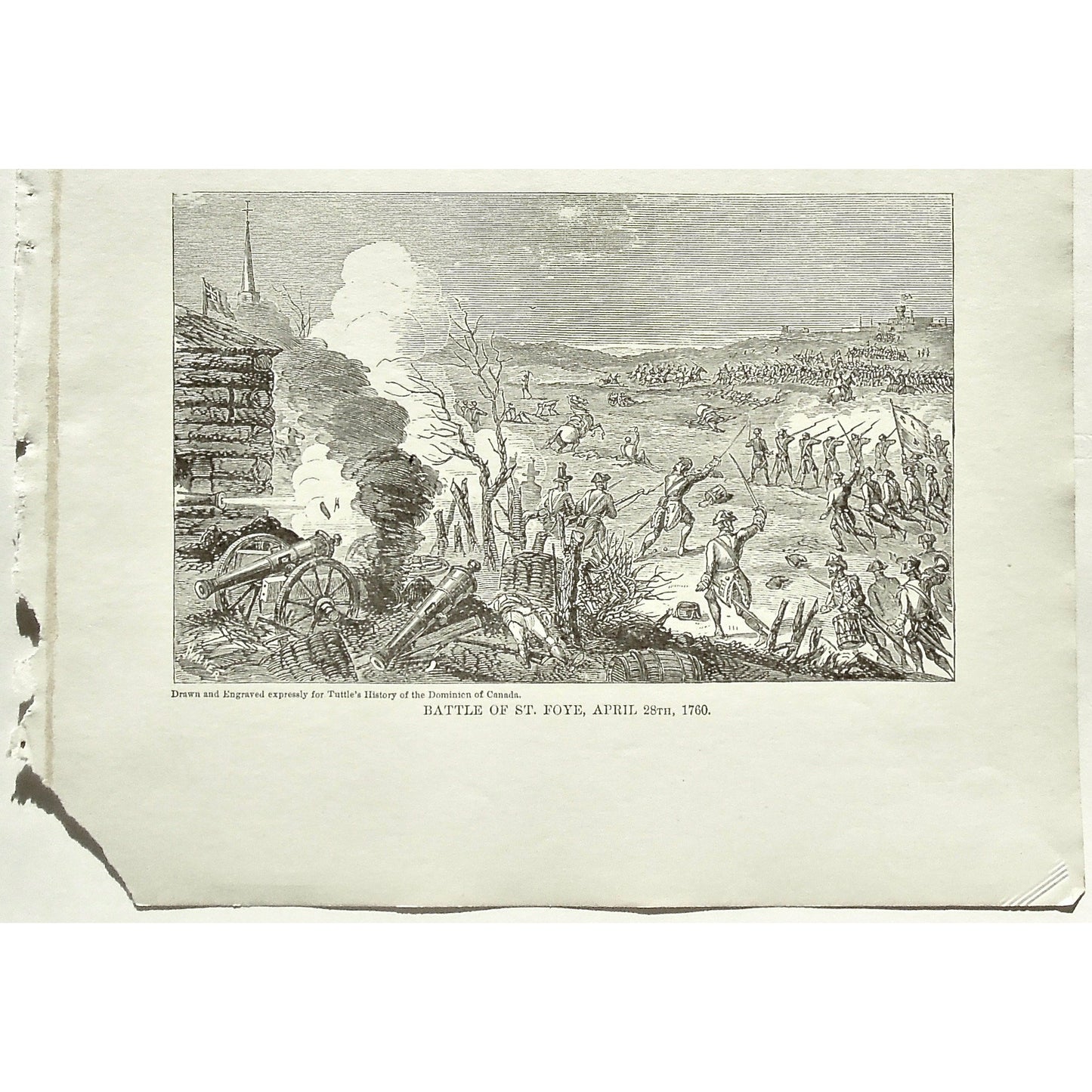 Battle of St. Foye, St. Foye, April 28th, 1760, Soldiers, Troops, Cavalry, Weapons, Guns, War, Army, Battle Formation, Canon, Drummer, Flag, Union Jack, British Flag, British Troops, English Flag, English Troops, Tuttle, Charles Tuttle, History of the Dominion, Popular History of the Dominion, Downie, Bigney, History, Dominion, Canada, Canadian History, Antique, Antique Print, Steel Engraving, Engraving, Prints, Printmaking, Original, Rare prints, rare books, Wall decor, Home decor, office art, Unique, 1877