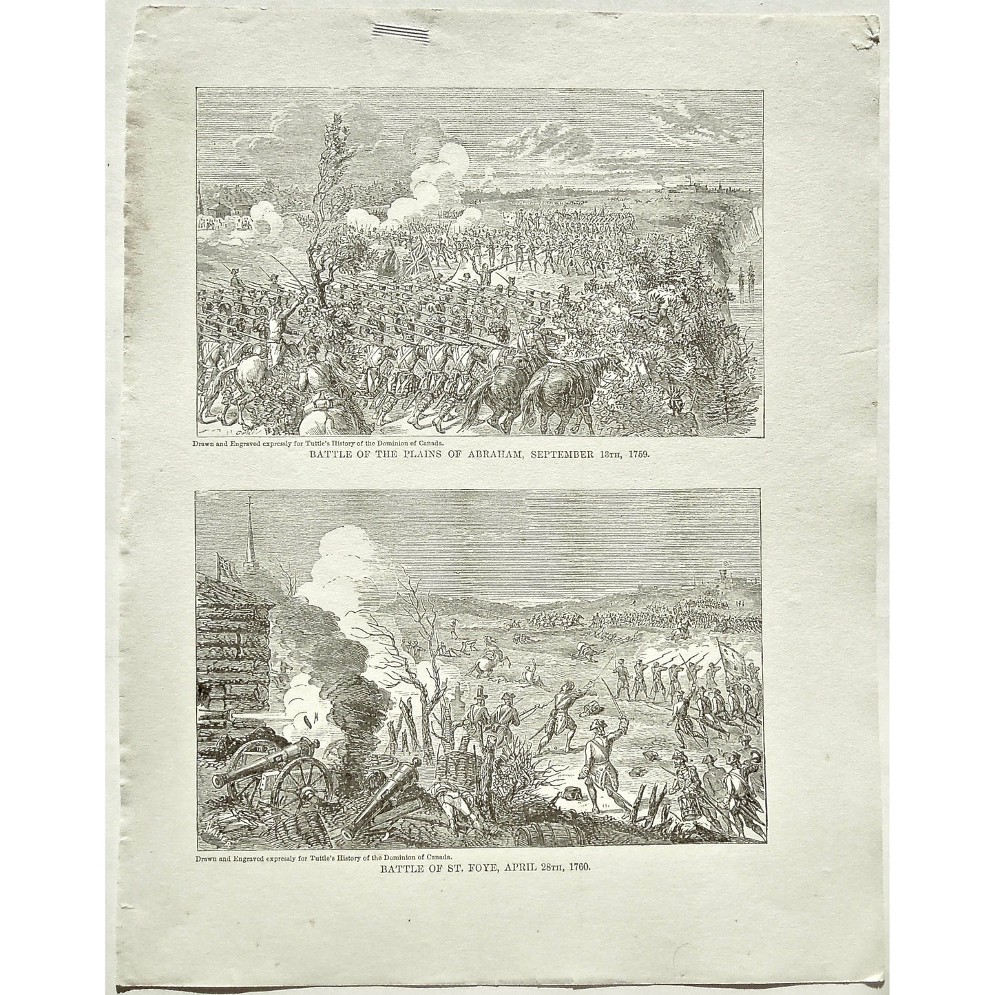 Battle of the Plains of Abraham, Battle, Plains of Abraham, Battles, September 13th, 1759, Battle of St. Foye, St. Foye, April 28th, 1760, Soldiers, Troops, Cavalry, Weapons, Guns, War, Army, Battle Formation, Canon, Drummer, Flag, Union Jack, British Flag, British Troops, English Flag, English Troops, Tuttle, Charles Tuttle, History of the Dominion, Popular History of the Dominion, Downie, Bigney, History, Dominion, Canada, Canadian History, Antique, Antique Print, Steel Engraving, Engraving, Prints, 1877