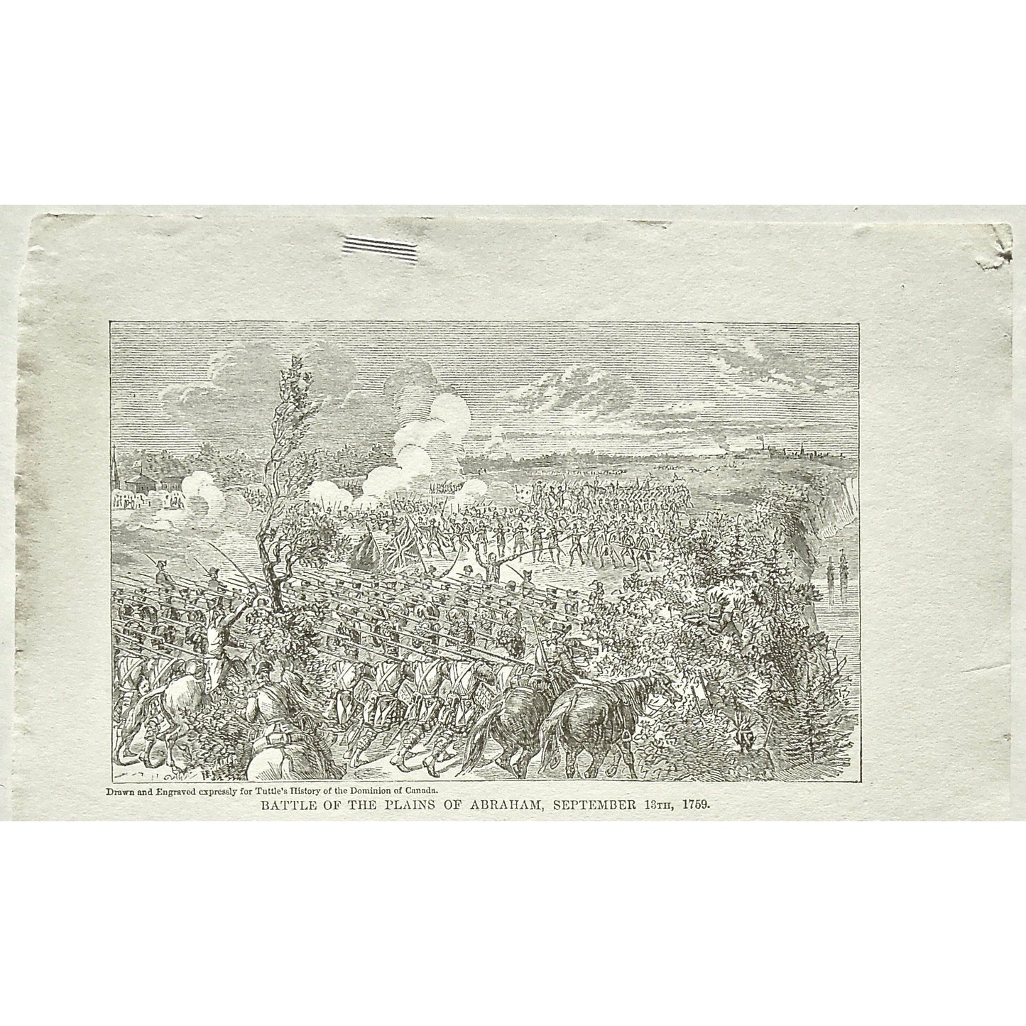 Battle of the Plains of Abraham, Battle, Plains of Abraham, Battles, September 13th, 1759, Soldiers, Troops, Cavalry, Weapons, Guns, War, Army, Battle Formation, Flag, Union Jack, British Flag, British Troops, English Flag, English Troops, Tuttle, Charles Tuttle, History of the Dominion, Popular History of the Dominion, Downie, Bigney, History, Dominion, Canada, Canadian History, Antique, Antique Print, Steel Engraving, Engraving, Prints, Printmaking, Original, Rare prints, rare books, Wall decor, Home deco