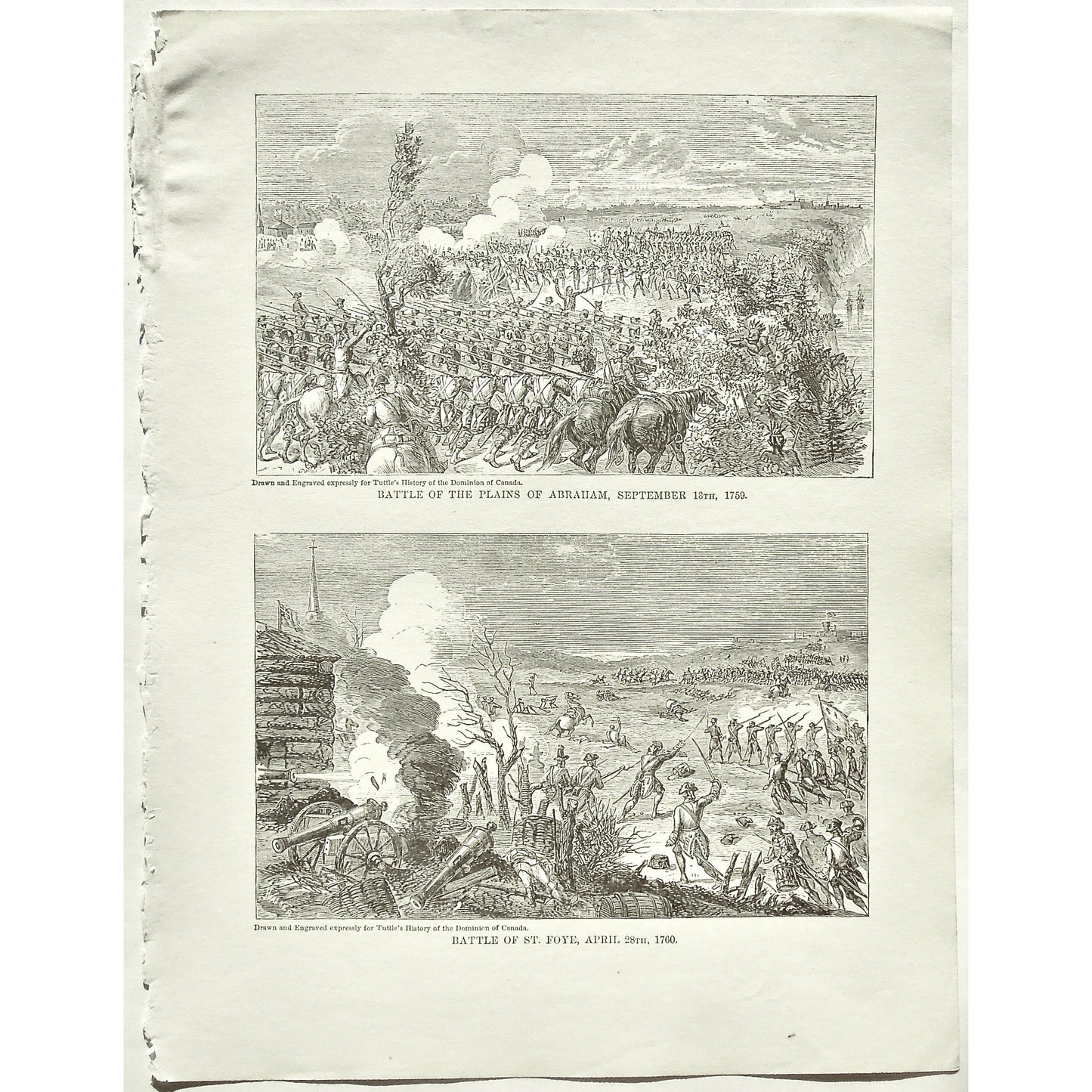 Battle of the Plains of Abraham, Battle, Plains of Abraham, Battles, September 13th, 1759, Battle of St. Foye, St. Foye, April 28th, 1760, Soldiers, Troops, Cavalry, Weapons, Guns, War, Army, Battle Formation, Canon, Drummer, Flag, Union Jack, British Flag, British Troops, English Flag, English Troops, Tuttle, Charles Tuttle, History of the Dominion, Popular History of the Dominion, Downie, Bigney, History, Dominion, Canada, Canadian History, Antique, Antique Print, Steel Engraving, Engraving, Prints, Print