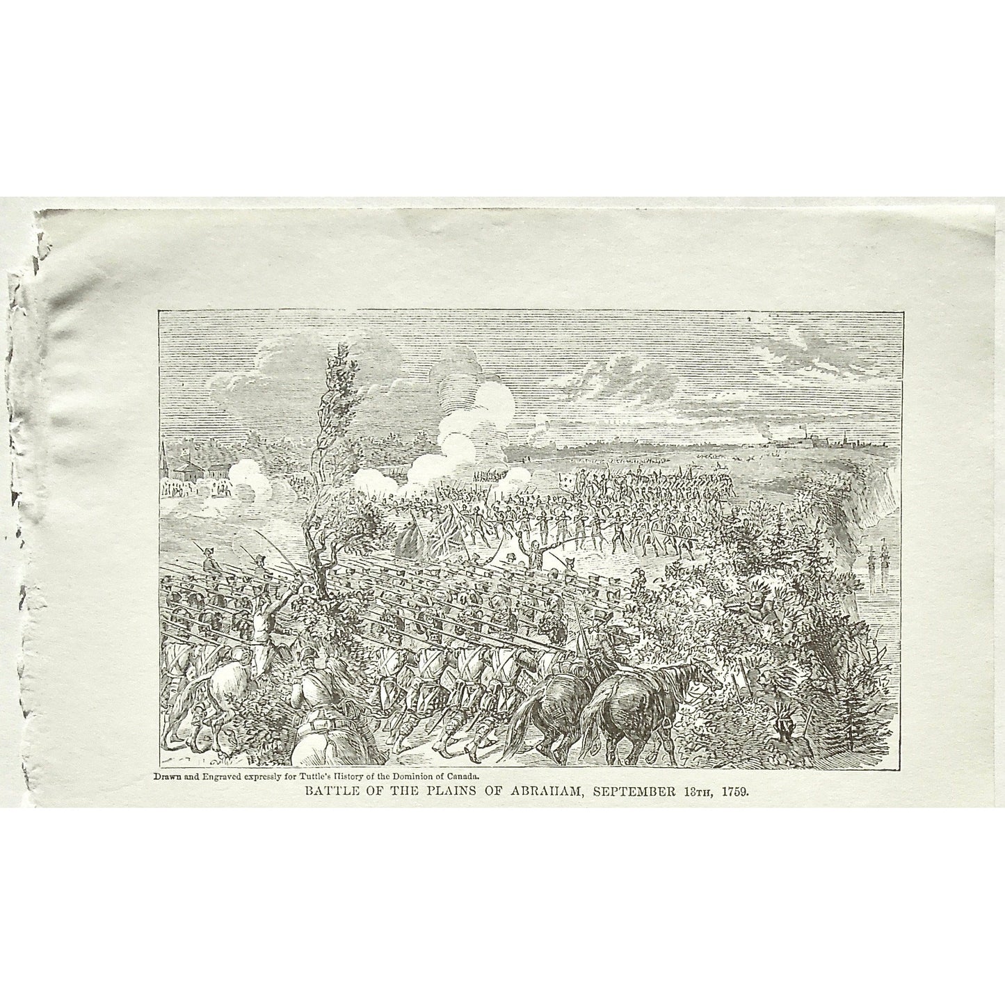 Battle of the Plains of Abraham, Battle, Plains of Abraham, Battles, September 13th, 1759, Soldiers, Troops, Cavalry, Weapons, Guns, War, Army, Battle Formation, Flag, Union Jack, British Flag, British Troops, English Flag, English Troops, Tuttle, Charles Tuttle, History of the Dominion, Popular History of the Dominion, Downie, Bigney, History, Dominion, Canada, Canadian History, Antique, Antique Print, Steel Engraving, Engraving, Prints, Printmaking, Original, Rare prints, rare books, Wall decor, Home deco