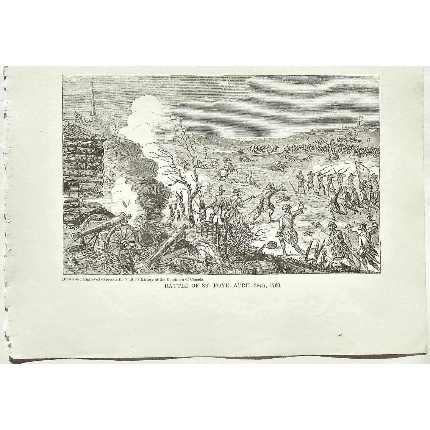 Battle of St. Foye, St. Foye, April 28th, 1760, Soldiers, Troops, Cavalry, Weapons, Guns, War, Army, Battle Formation, Canon, Drummer, Flag, Union Jack, British Flag, British Troops, English Flag, English Troops, Tuttle, Charles Tuttle, History of the Dominion, Popular History of the Dominion, Downie, Bigney, History, Dominion, Canada, Canadian History, Antique, Antique Print, Steel Engraving, Engraving, Prints, Printmaking, Original, Rare prints, rare books, Wall decor, Home decor, office art, Unique, 1877