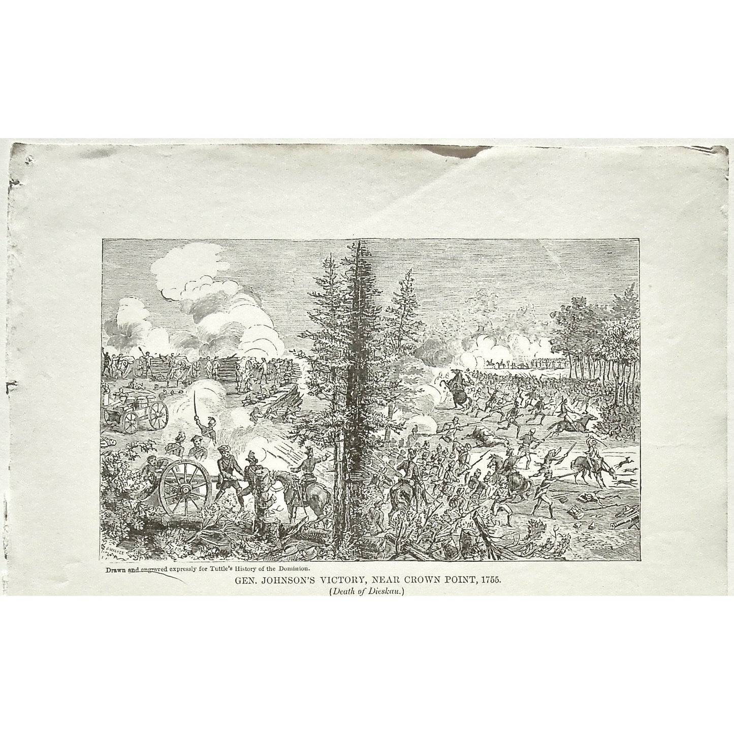 Gen. Johnson's Victory, Near Crown Point, 1755, Death of Dieskau., General Johnson, Death, Dieskau, Battle, Battles, Soldiers, Troops, Cavalry, Weapons, Guns, War, Army, Canons, Swords, Tuttle, Charles Tuttle, History of the Dominion, Popular History of the Dominion, Downie, Bigney, History, Dominion, Canada, Canadian History, Antique, Antique Print, Steel Engraving, Engraving, Prints, Printmaking, Original, Rare prints, rare books, Wall decor, Home decor, office art, Unique, 1877, Old prints, design, art