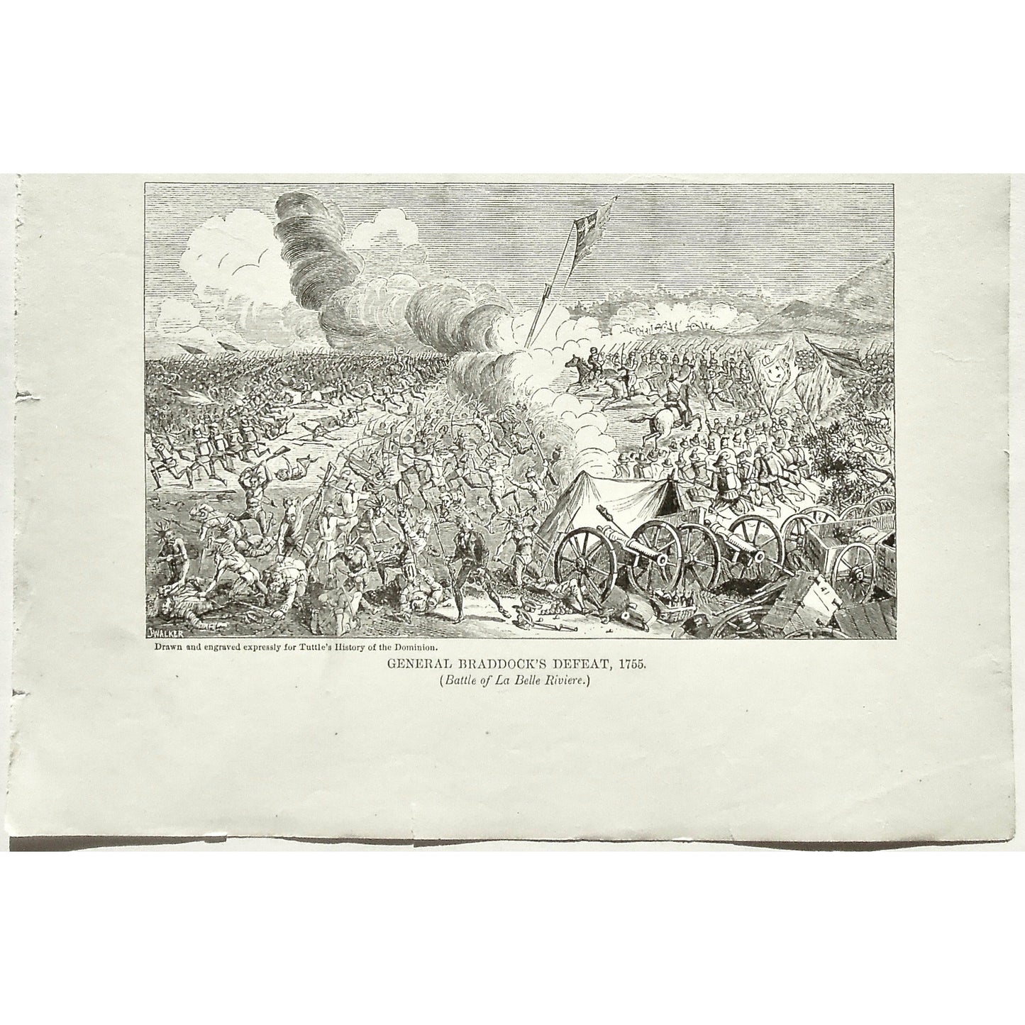 General Braddock's Defeat, Battle of La Belle Riviere, General Braddock, Defeat, Battle, Battles, La Belle Riviere, 1755, Soldiers, Troops, Cavalry, Weapons, Guns, War, Army, Battle Formation, Canons, Swords, Flag, Tuttle, Charles Tuttle, History of the Dominion, Popular History of the Dominion, Downie, Bigney, History, Dominion, Canada, Canadian History, Antique, Antique Print, Steel Engraving, Engraving, Prints, Printmaking, Original, Rare prints, rare books, Wall decor, Home decor, office art, 1877, art