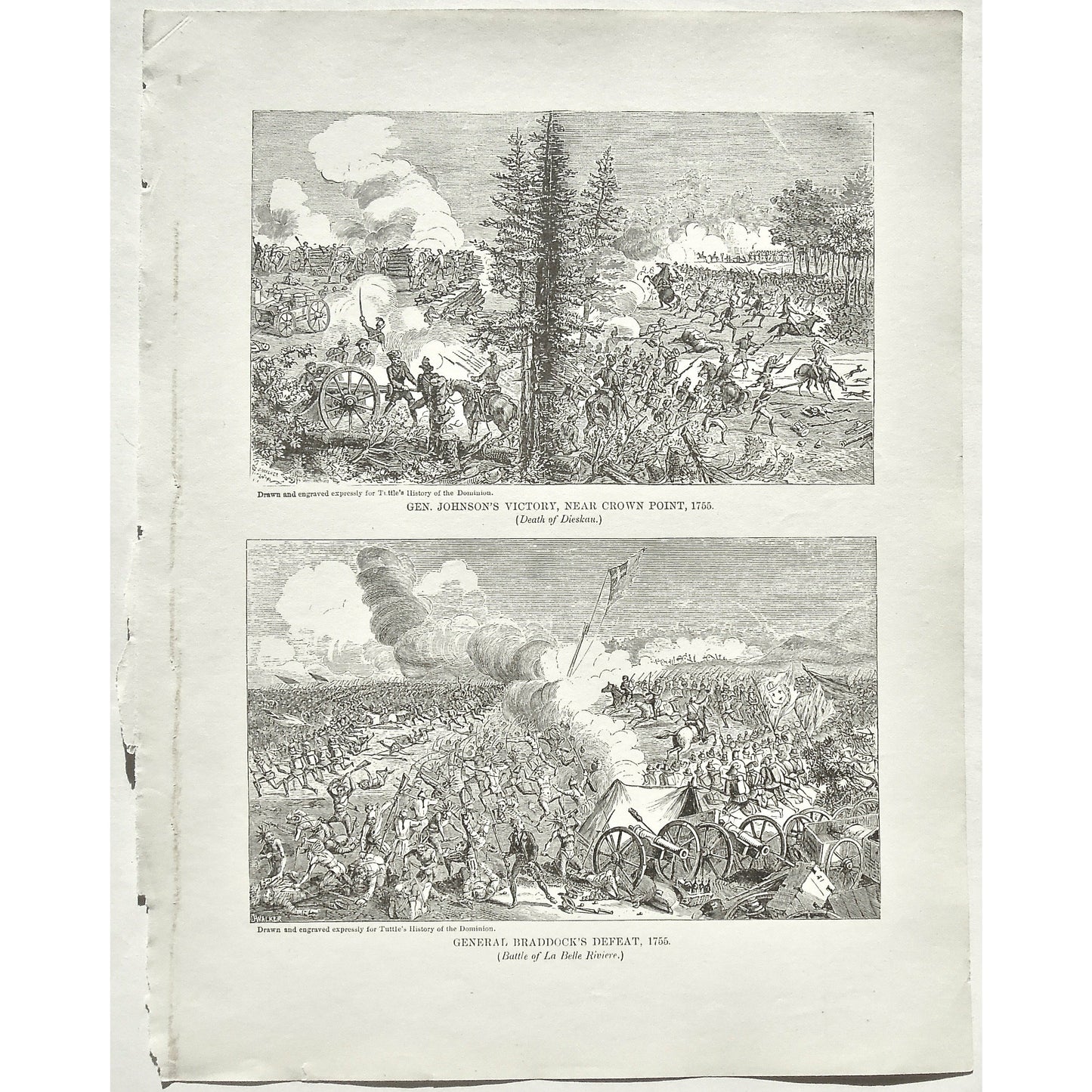 Gen. Johnson's Victory, Near Crown Point, 1755, Death of Dieskau., General Johnson, Death, Dieskau, General Braddock's Defeat, Battle of La Belle Riviere, General Braddock, Defeat, Battle, Battles, La Belle Riviere, Soldiers, Troops, Cavalry, Weapons, Guns, War, Army, Battle Formation, Canons, Swords, Flag, Tuttle, Charles Tuttle, History of the Dominion, Popular History of the Dominion, Downie, Bigney, History, Dominion, Canada, Canadian History, Antique, Antique Print, Steel Engraving, Engraving, Prints,