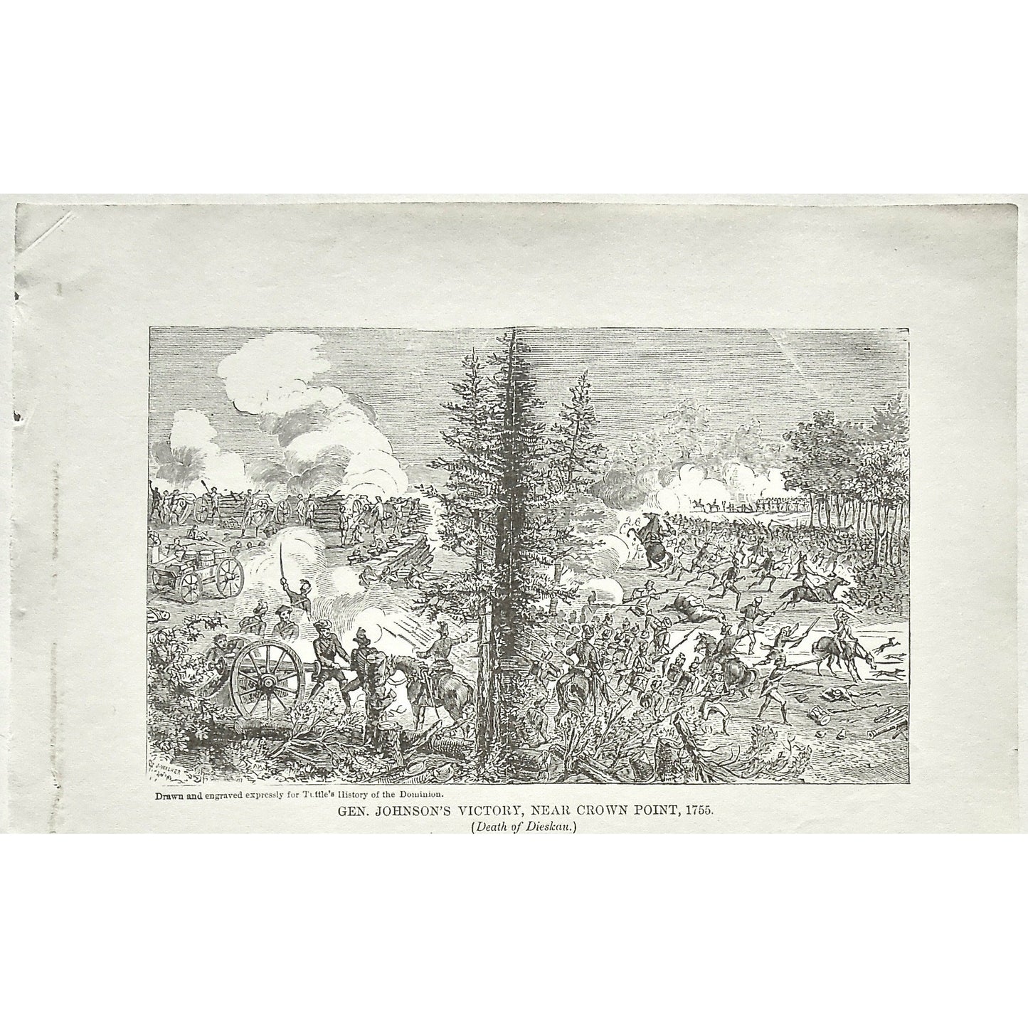 Gen. Johnson's Victory, Near Crown Point, 1755, Death of Dieskau., General Johnson, Death, Dieskau, Battle, Battles, Soldiers, Troops, Cavalry, Weapons, Guns, War, Army, Canons, Swords, Tuttle, Charles Tuttle, History of the Dominion, Popular History of the Dominion, Downie, Bigney, History, Dominion, Canada, Canadian History, Antique, Antique Print, Steel Engraving, Engraving, Prints, Printmaking, Original, Rare prints, rare books, Wall decor, Home decor, office art, Unique, 1877, Old Prints, Vintage print